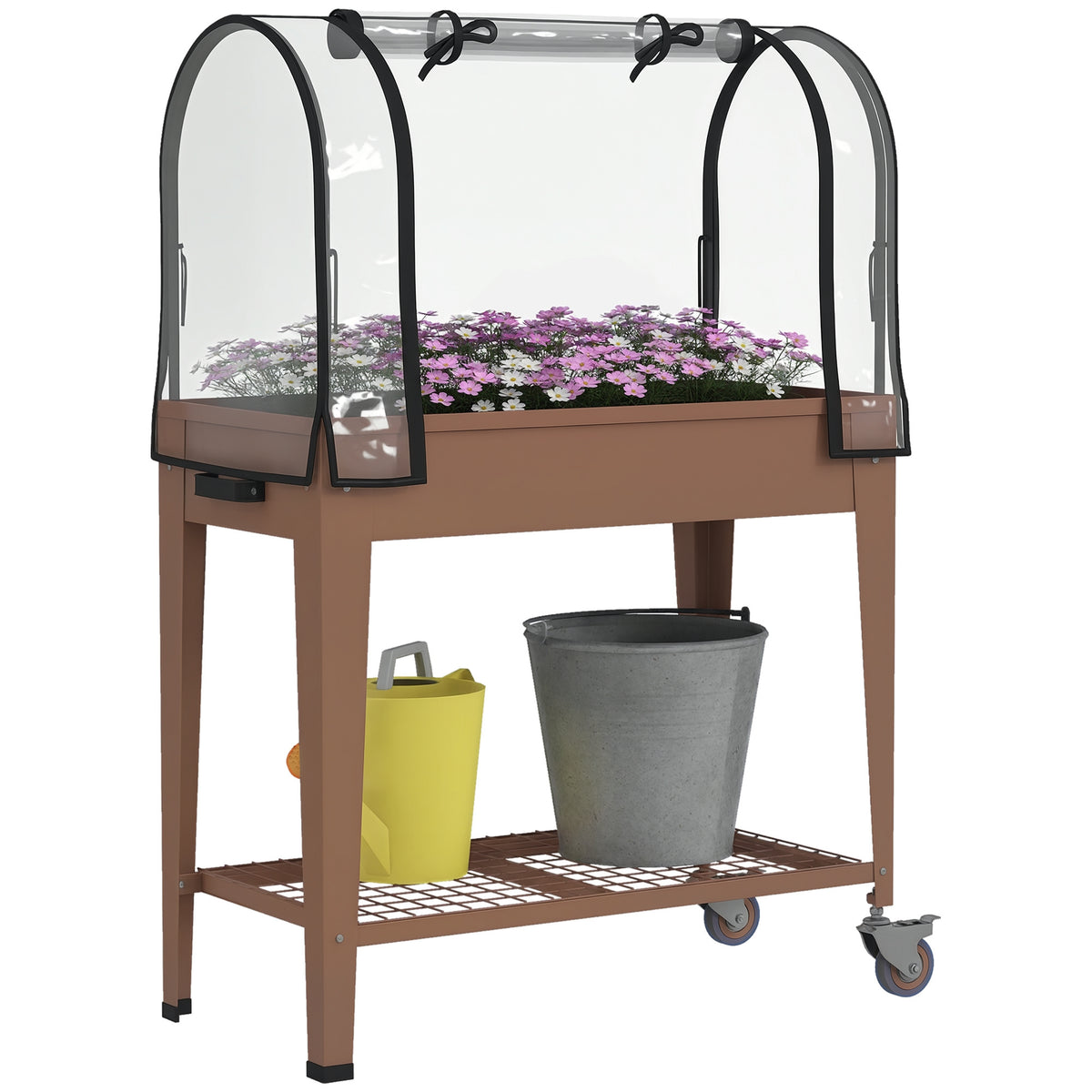 Horta Urbana Elevada com Rodas, Mesa de Cultivo com Cobertura de Estufa e Prateleira Inferior para Cultivo, Plantas, Flores e Vegetais, 80x40x120 cm, Castanho — foto 1
