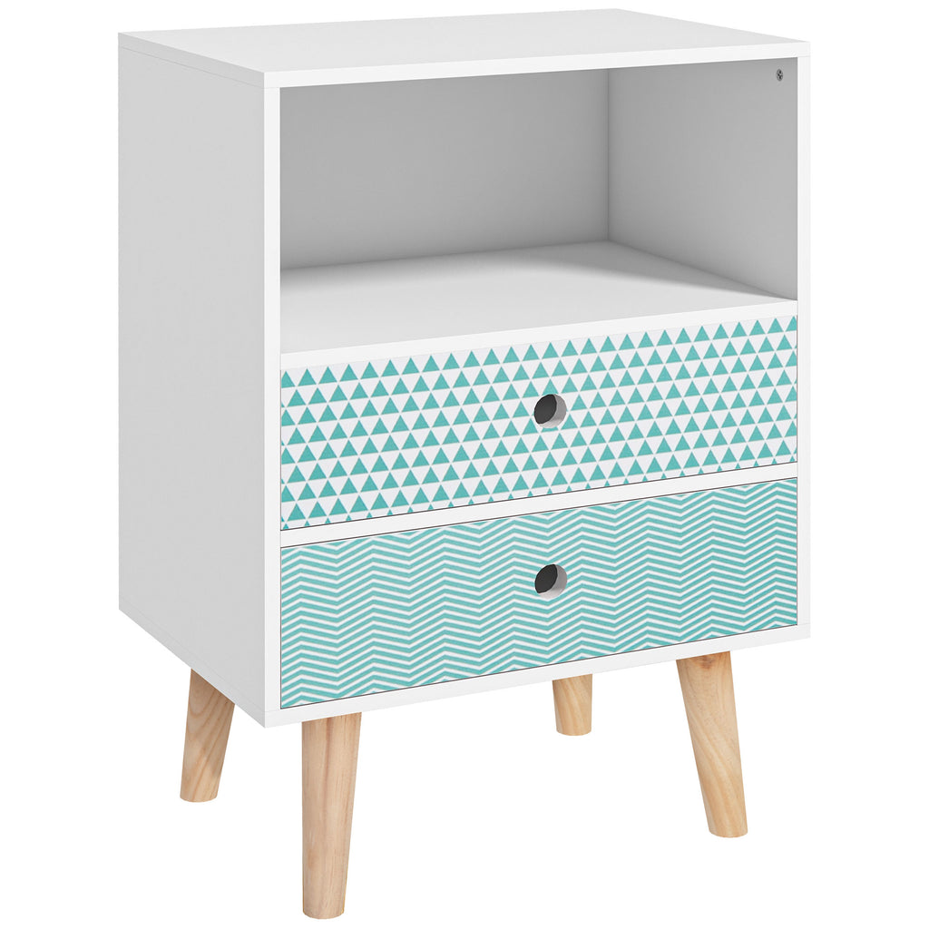 Mesa de Cabeceira com 2 Gavetas e Prateleira Aberta Mesa de Cabeceira Multiuso 45x30x65 cm Branco e Azul — foto 1