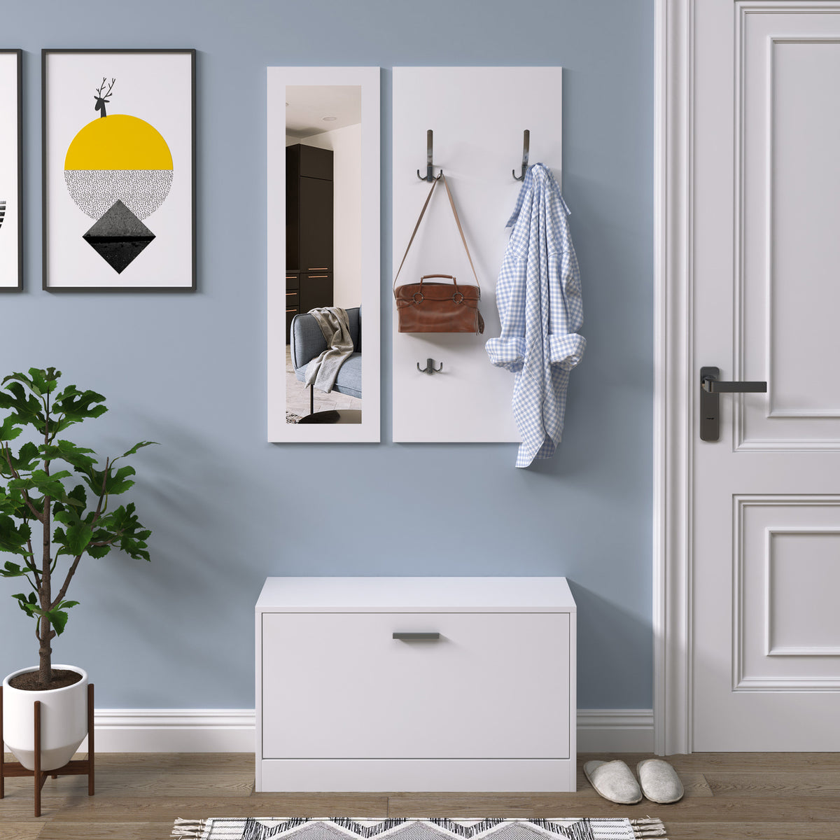 Móvel Cabide de Entrada de 3 Peças Armário de Entrada com Cabide Espelho e Sapateira 80x27x46,5cm Branco — foto 2