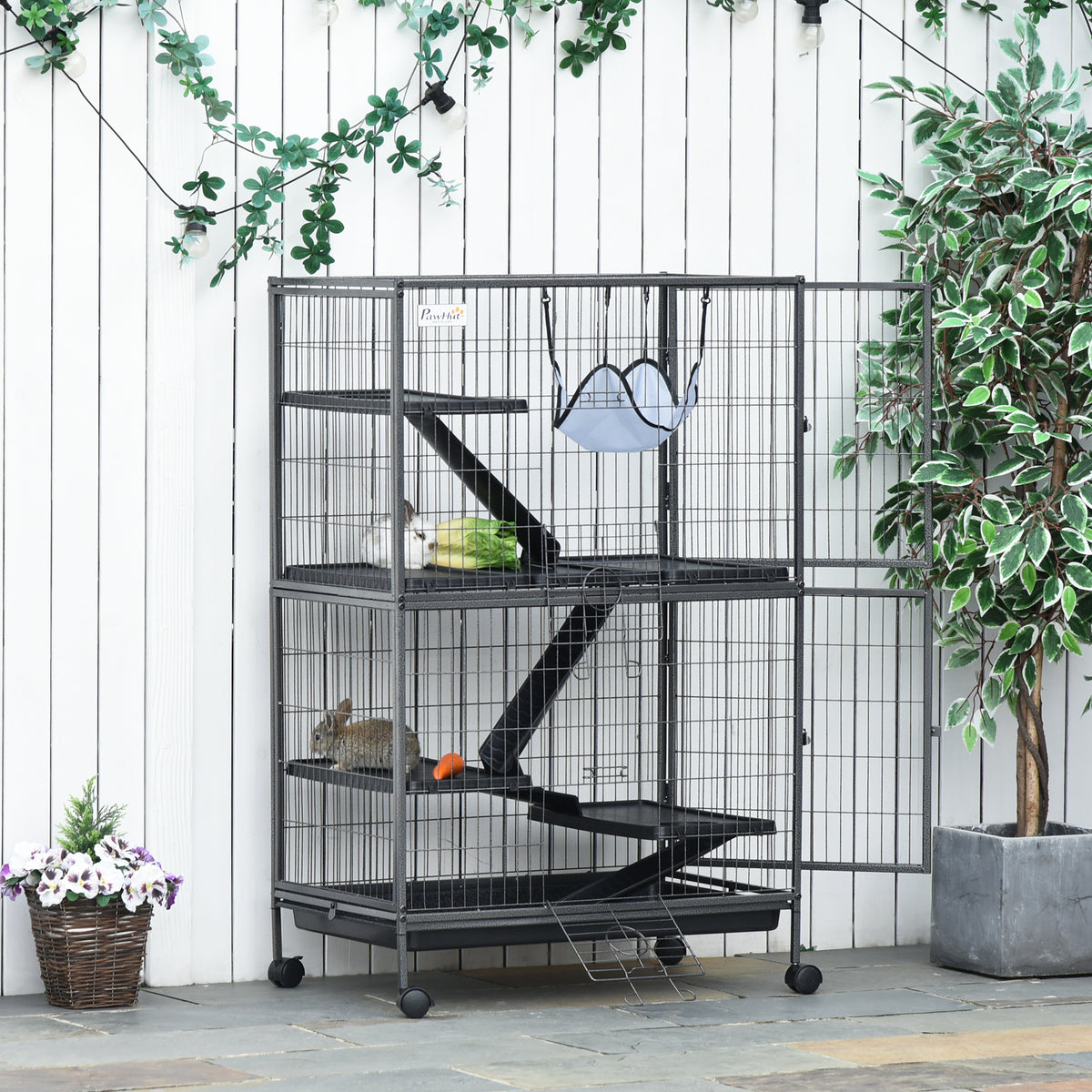 Grande Gaiola para Roedores 80x52x128 cm Casa de 4 Alturas com Rampas Suspensa Rede Bandeja Removível Rodas Portas Cinza Prateado — foto 2