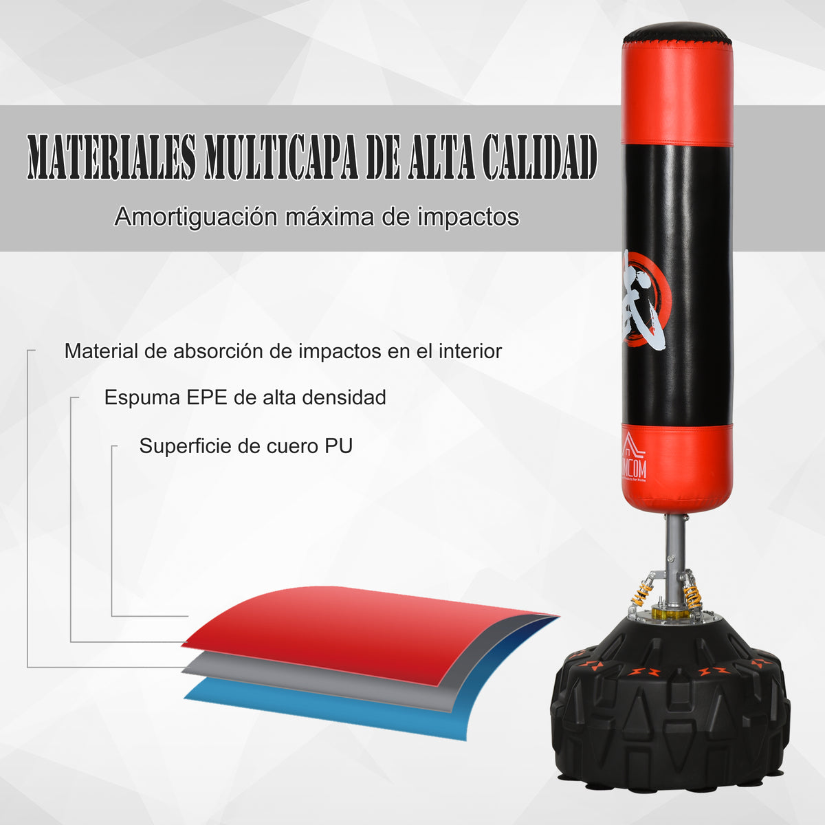 Saco de Boxe em Pé Saco de Boxe para Adultos com Grande Base Preenchível de Areia e Água e Molas Amortecedoras Ø60x180 cm Preto e Vermelho — foto 4