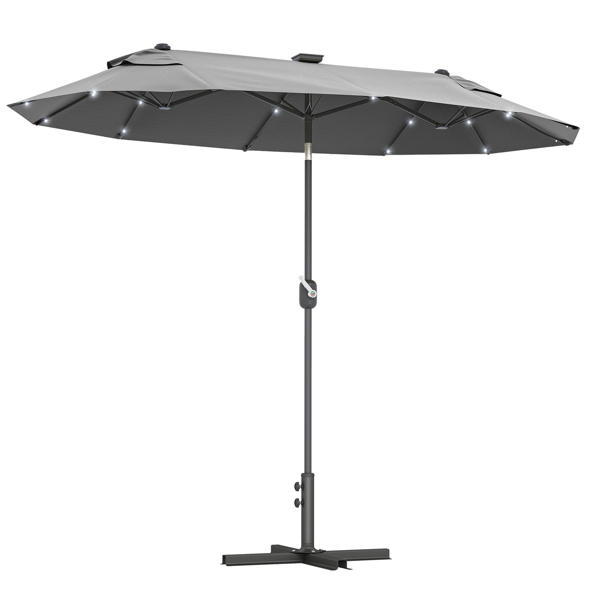 Chapéu de Sol Duplo 295x150x219 cm Chapéu de Sol de Jardim com Luzes LED Solares Teto com Inclinação Ajustável e Manivela Manual para Pátio Piscina Praia Cinza — foto 1
