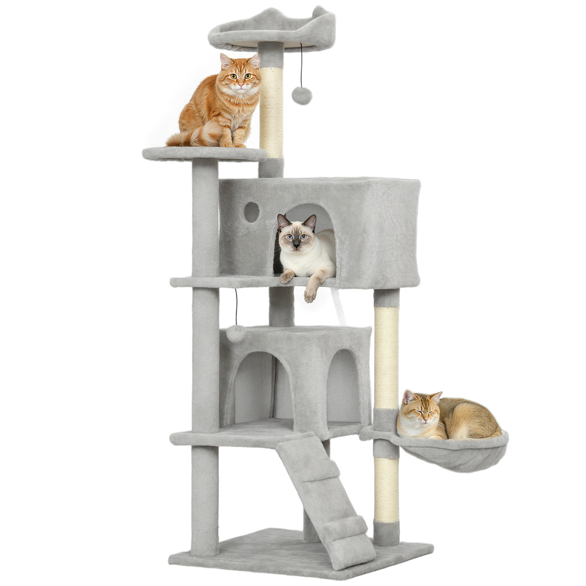 Arranhador para Gatos 140 cm Torre de Escalada com Múltiplas Plataformas Cama 2 Cavernas Rede Escada Postes de Sisal Bolas para Brincar Cinzento Claro — foto 1