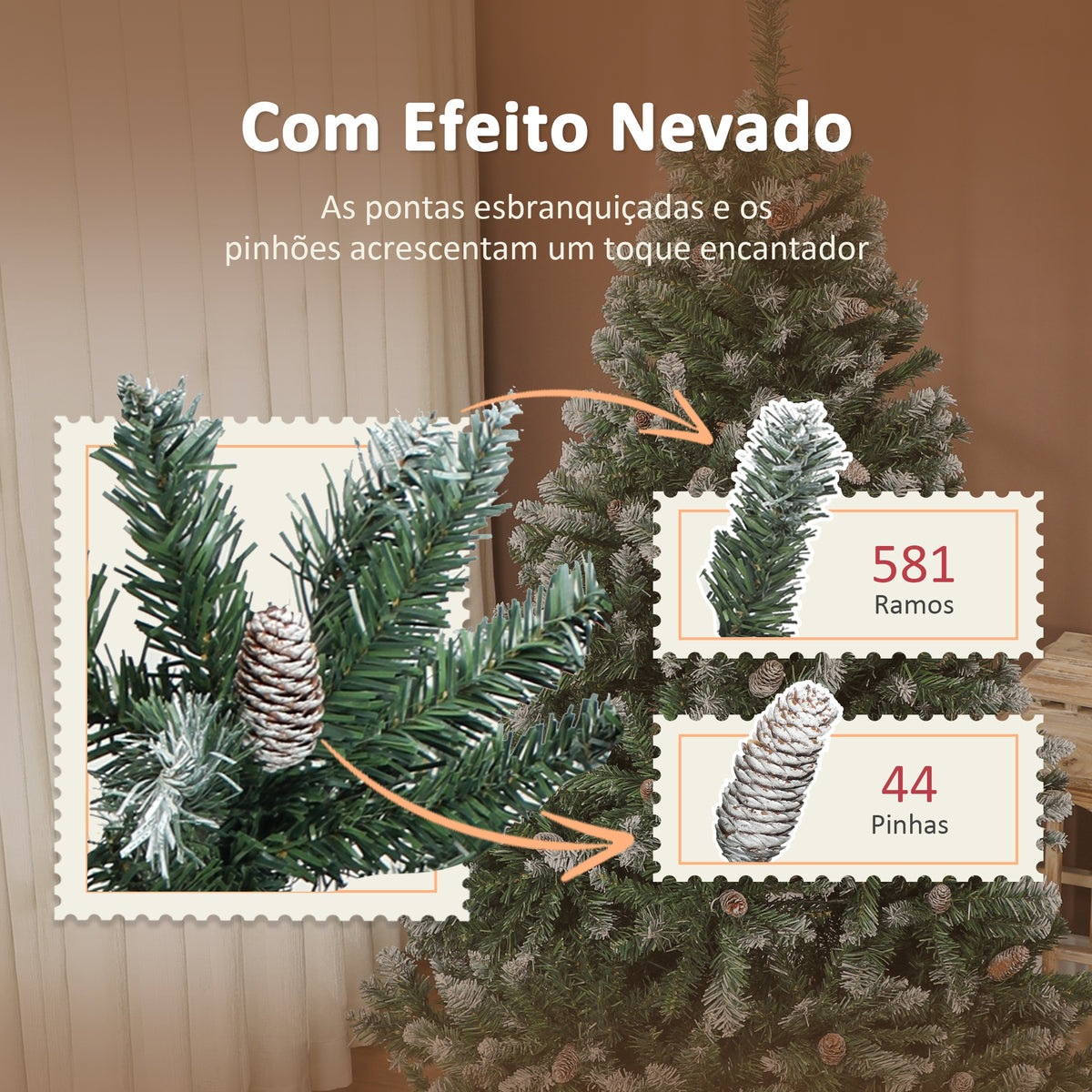 Árvore de Natal Artificial 150 cm Árvore de Natal com 581 Ramos com Efeito Neve 44 Pinhas e Suporte Metálico Dobrável Montagem Fácil para Sala Interior Verde — foto 5