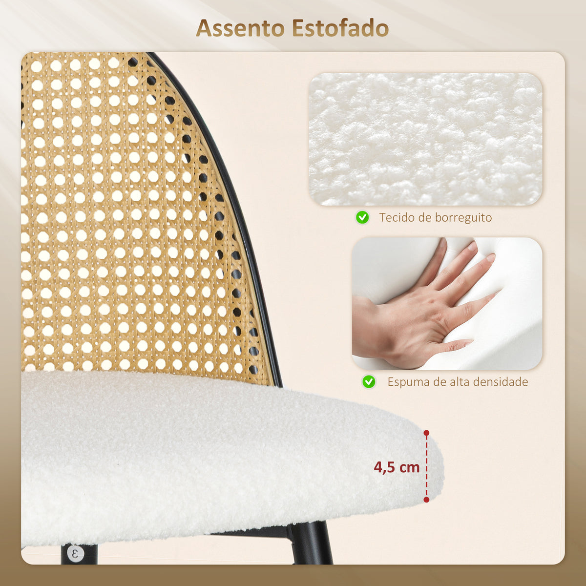 Conjunto de 2 Bancos de Bar Bancos Altos de Cozinha com Encosto de Vime Assento Estofado em Borrego Estrutura de Aço e Apoio para Pés 48x54x102 cm Creme — foto 5