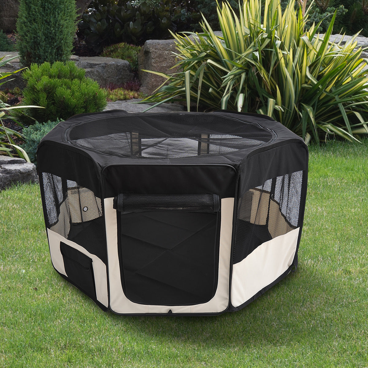 Parque Dobrável para Cães e Gatos Parque para Animais de Estimação com 2 Portas e Almofada Tecido Oxford Ø114x58 cm Preto e Creme — foto 2