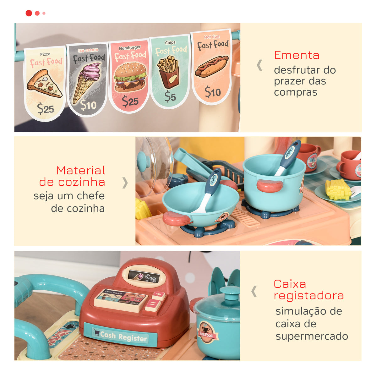 Cozinha de Brinquedo para Crianças de 3 a 6 Anos Cozinha Infantil com Rodas Caixa Registradora e Acessórios para Cozinhar 79,5x33x90,5 cm Multicolor — foto 4