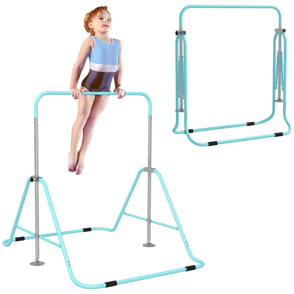 Barra de Ginástica Artística Barra Horizontal Dobrável com Altura Ajustável Equipamento de Ginástica para Treino em Casa para Crianças 154x106,2x88,5-128,5 cm Azul Celeste — foto 1