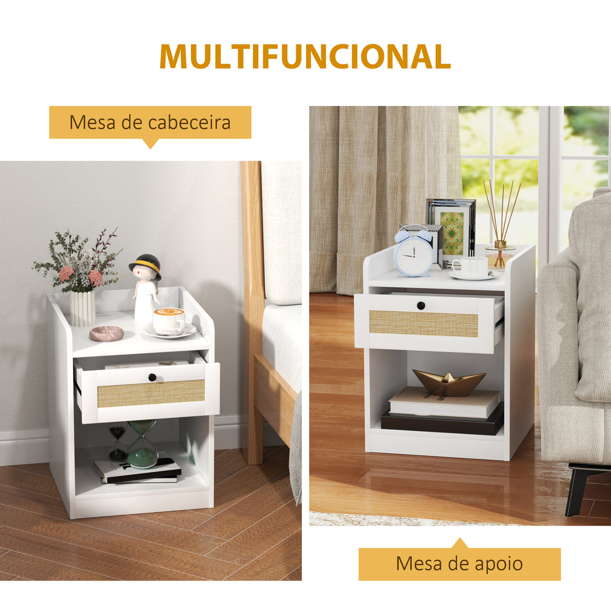 Conjunto de 2 Mesas de Cabeceira Mesas de Cabeceira para Dormitório com Gaveta em Vime Mesa de Cabeceira para Dormitório 40x40x53 cm Branco — foto 6