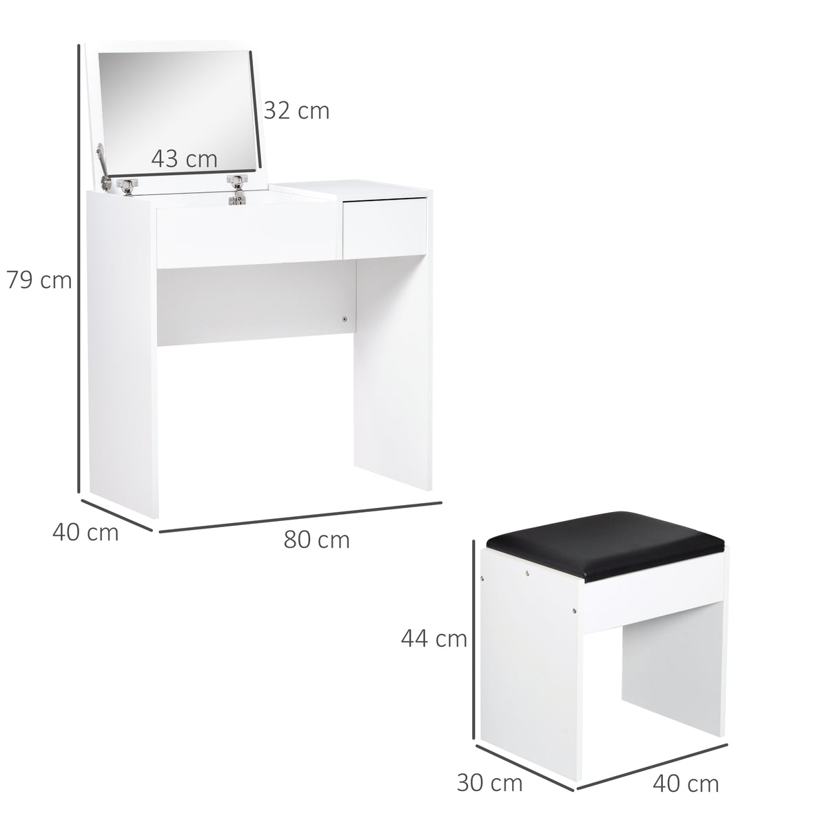 Toucador de Maquilhagem com Branco e Tampa Dobrável Mesa de Maquilhagem com Compartimentos e Gaveta 80x40x79cm Branco — foto 3