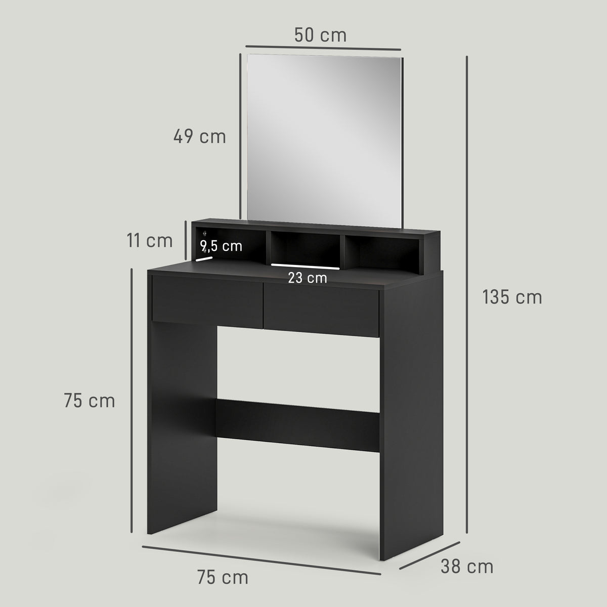Toucador de Maquilhagem com Espelho Toucador com 2 Gavetas 3 Compartimentos Toucador para Dormitório 75x38x135 cm Preto — foto 3
