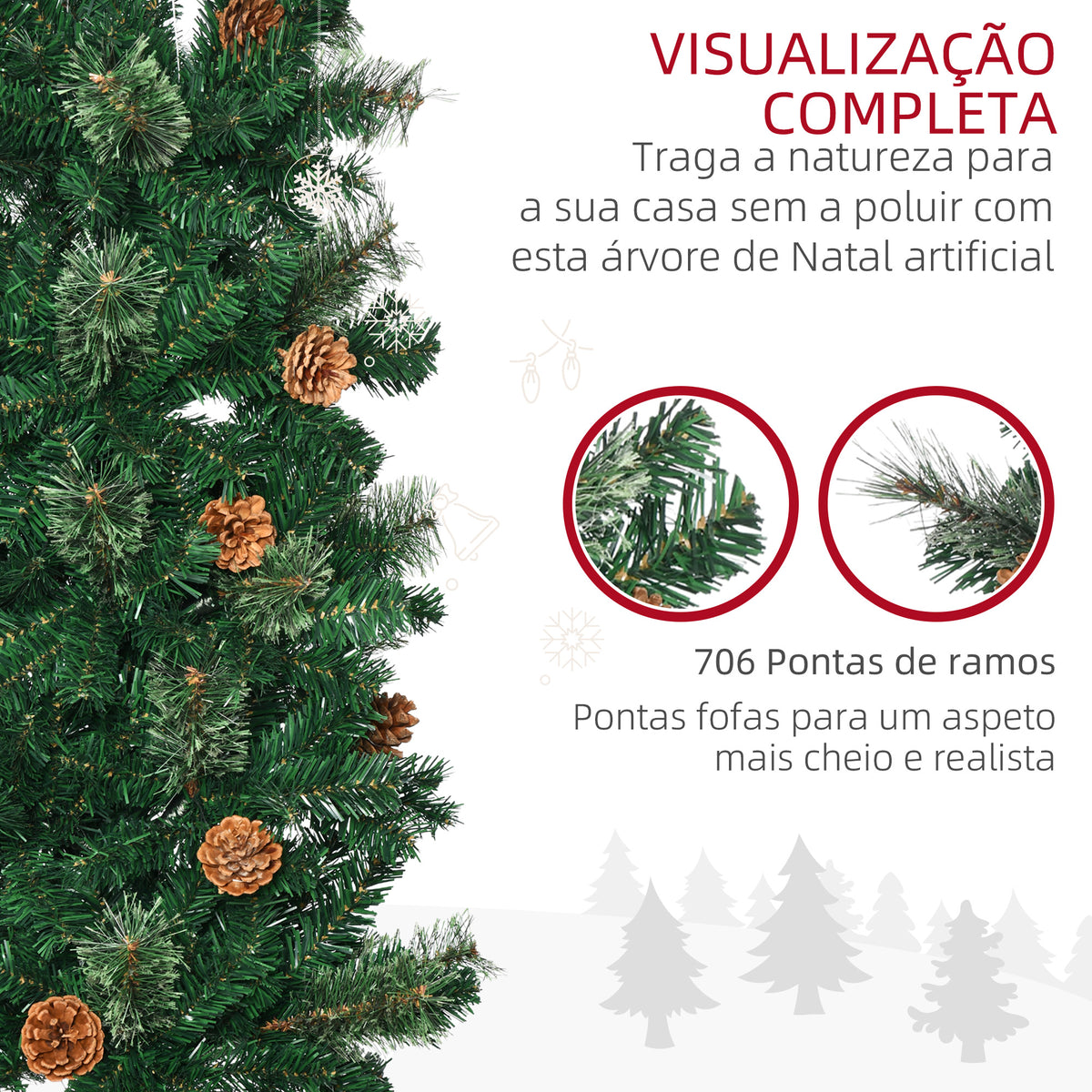 Árvore de Natal Artificial 225 cm Árvore de Natal com 706 Ramos Árvore de Natal Estreita Slim com 56 Pinhas Base Dobrável Ø58x225 cm Verde — foto 7