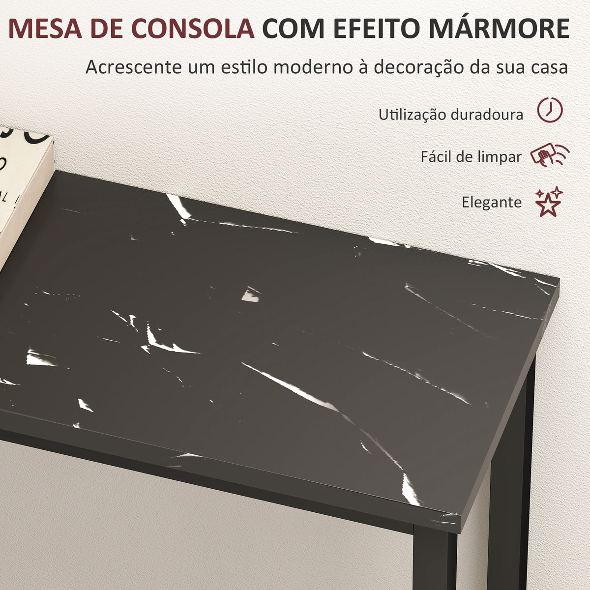 Mesa Consola Moderna Consola de Entrada Estreita Mesa de Sofá com Superfície com Efeito Mármore e Estrutura de Metal para Entrada Sala de Estar 100x20x66 cm Preto — foto 4