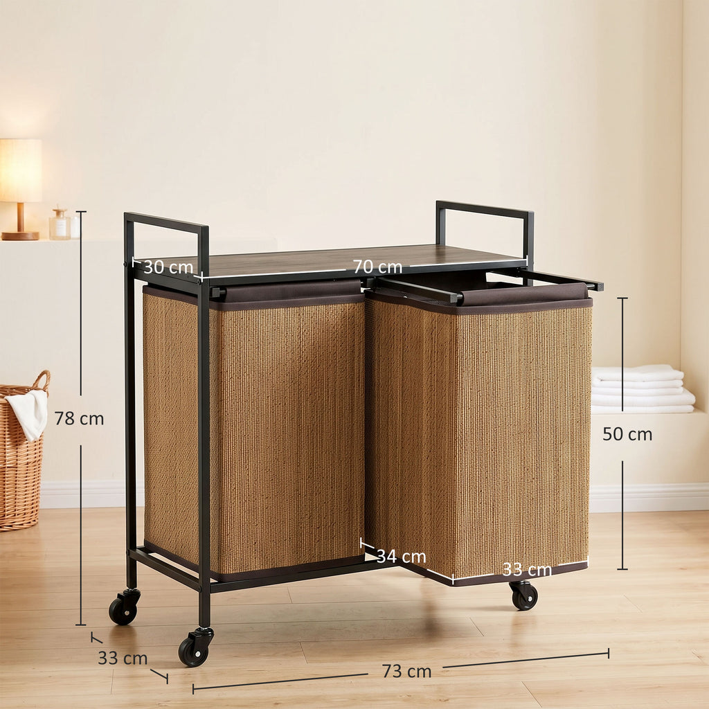 Cesto de Roupa Bambu 2 Compartimentos 120 L Coletor de Roupa com Prateleira Apoio Caixa de Roupa Saco Removível Com Rodas 73x33x78 cm Castanho — foto 2