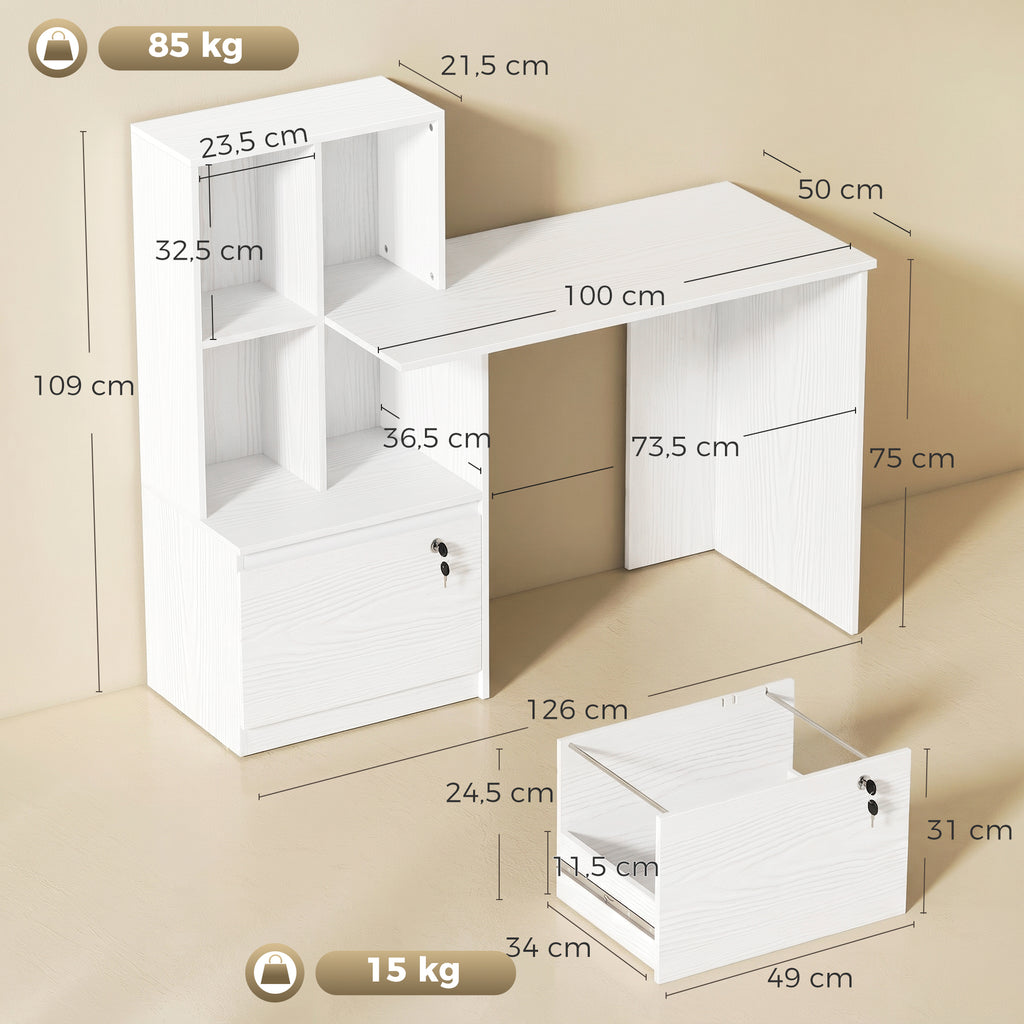 Mesa para computador com estante 4 compartimentos e gaveta com fechadura, 126 x 50 x 109 cm, grão de madeira branco — foto 2