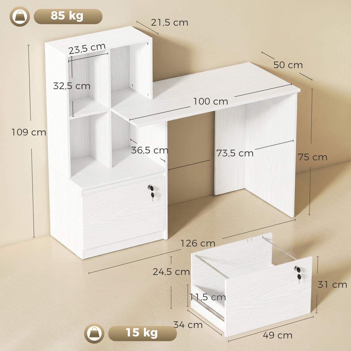 Mesa para computador com estante 4 compartimentos e gaveta com fechadura, 126 x 50 x 109 cm, grão de madeira branco — foto 2