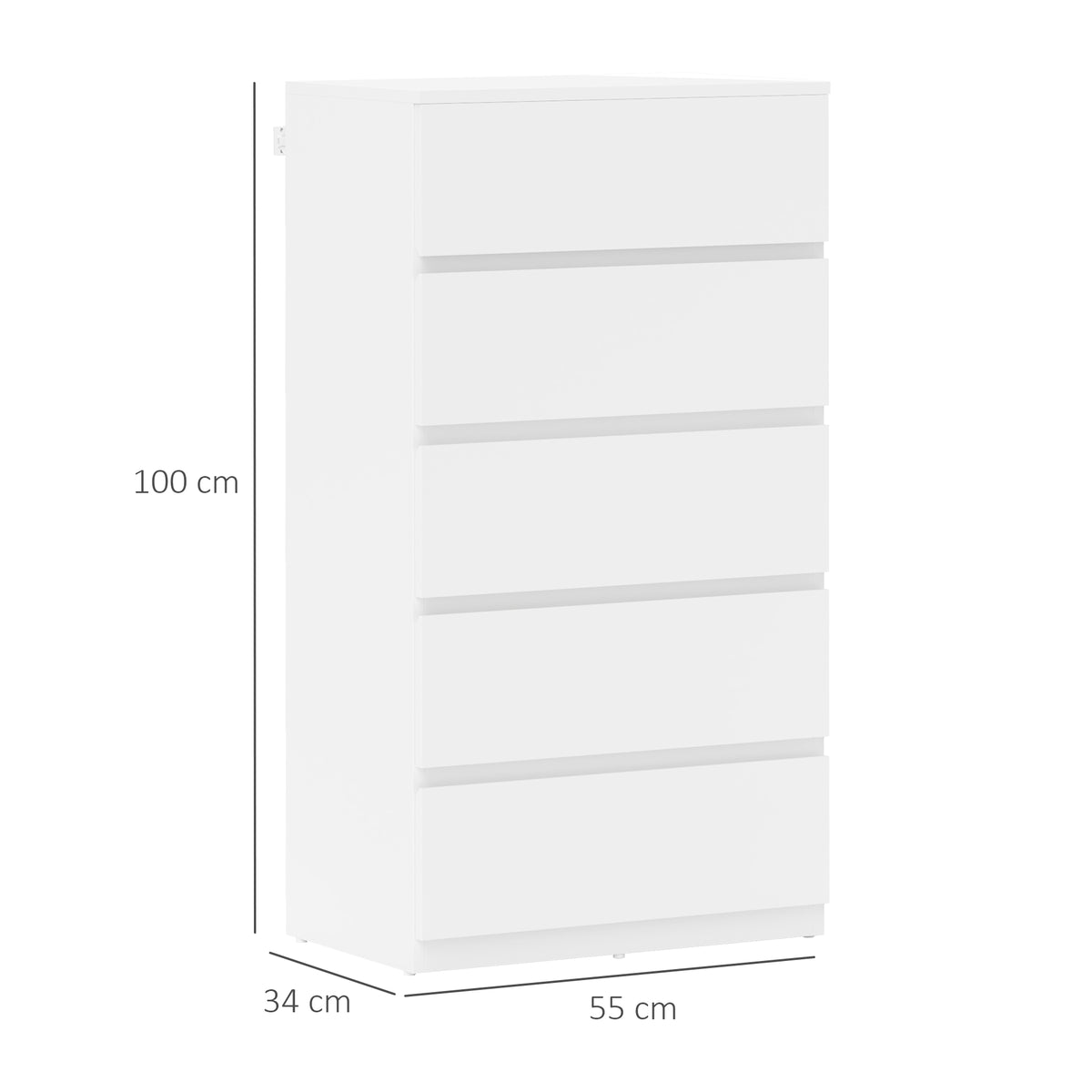 Cómoda Aparador com 5 Gavetas Painel de Madeira Carga Máxima 35 kg 55x34x100 cm Branco — foto 2