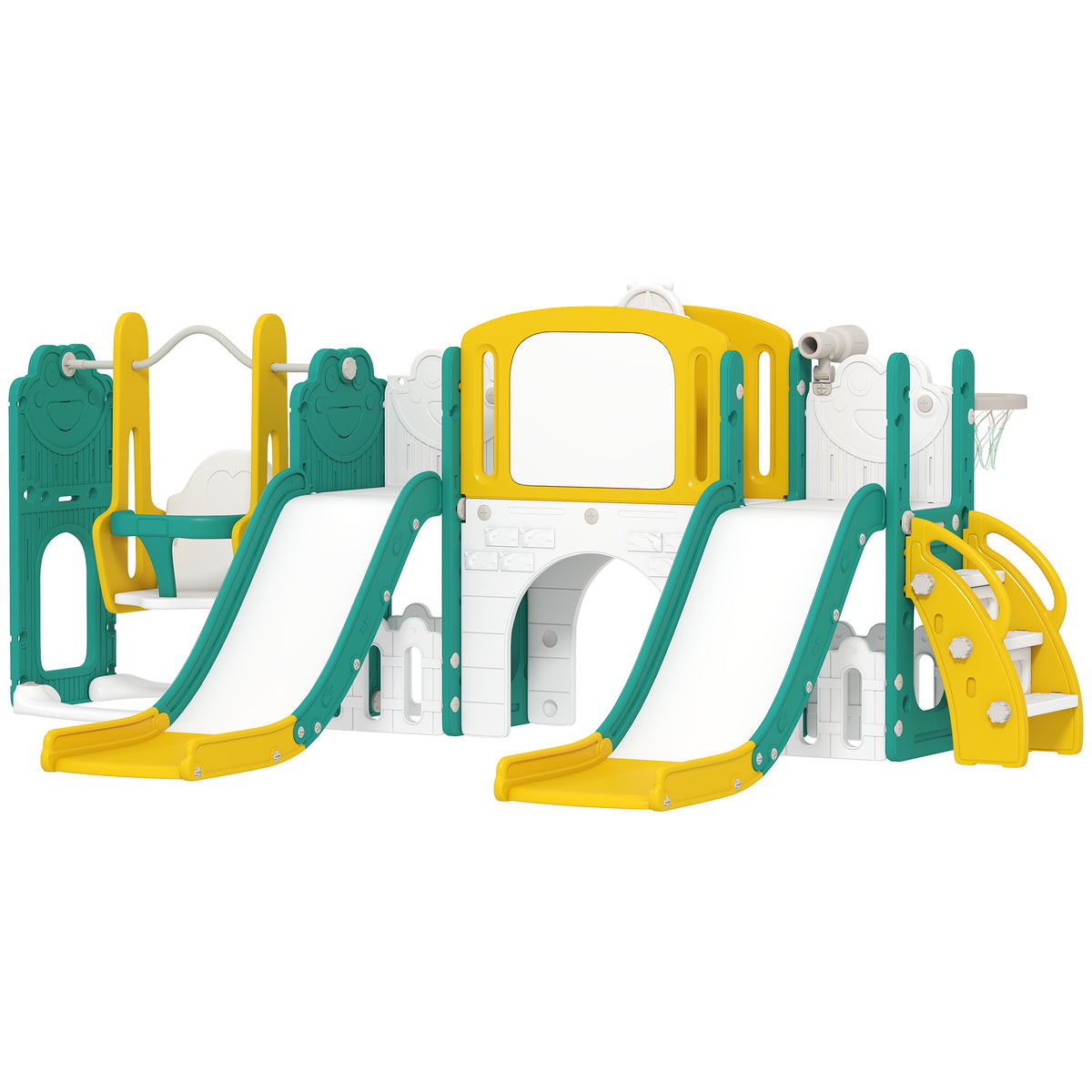 Conjunto de Escorrega e Balanço 9 em 1 para Crianças Pequenas com Cesta de Basquete Telescópio Quadro de Desenho Design de Sapo Amarelo e Verde — foto 1