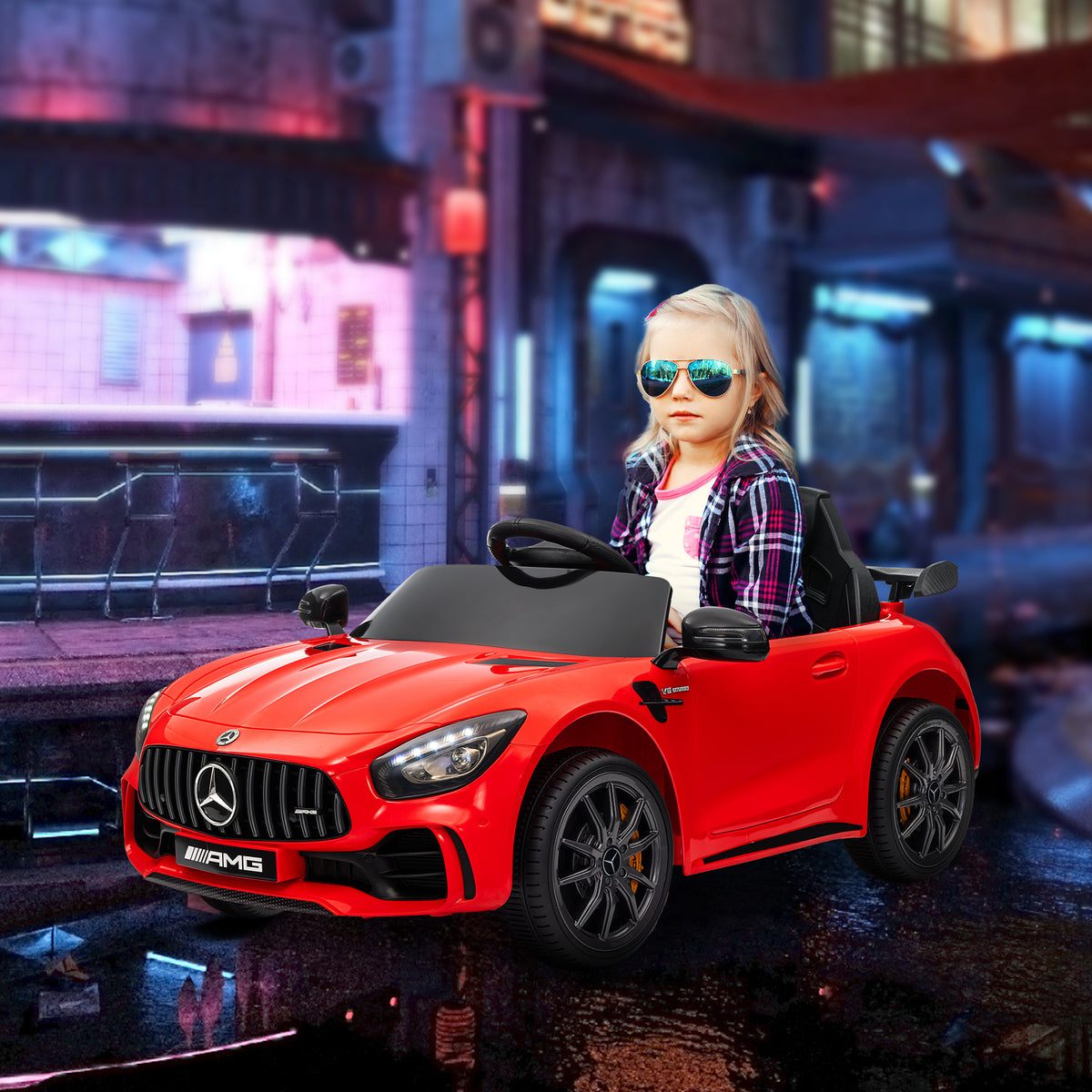 Carro Elétrico para Crianças acima de 3 Anos Carro Mercedes-Benz AMG GTR Carro Elétrico Infantil com Bateria 12V Controlo Remoto Faróis Buzina e Música 108x67x46 cm Vermelho — foto 2