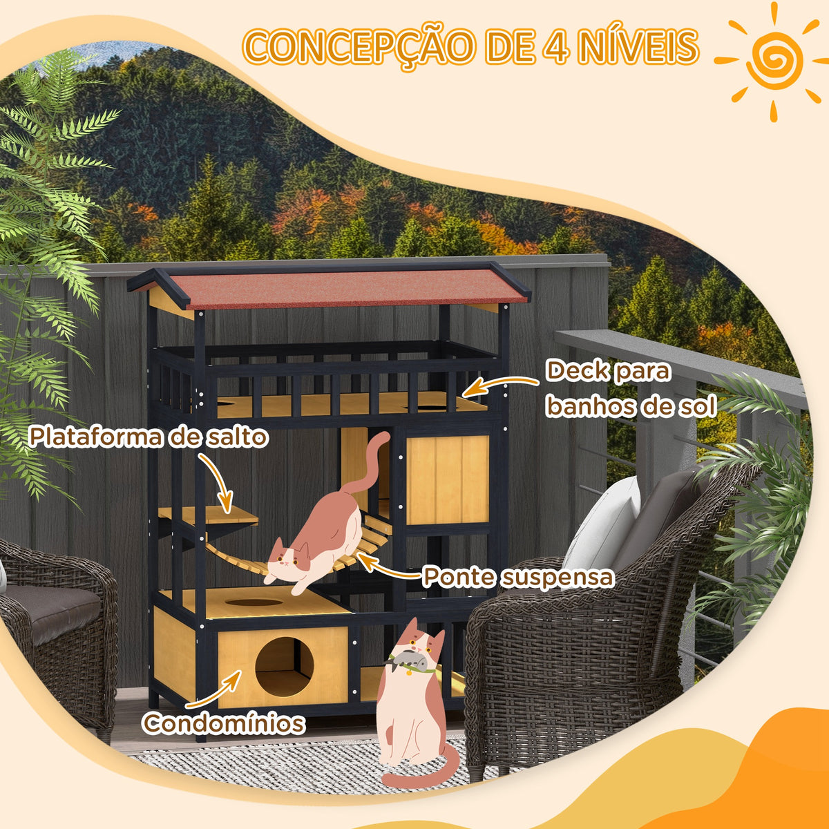Casa para Gatos de Madeira 84x60x116 cm Abrigo para Gatos de 4 Níveis para Exterior com Ponte Suspensa Varanda e Telhado Asfáltico Natural — foto 4