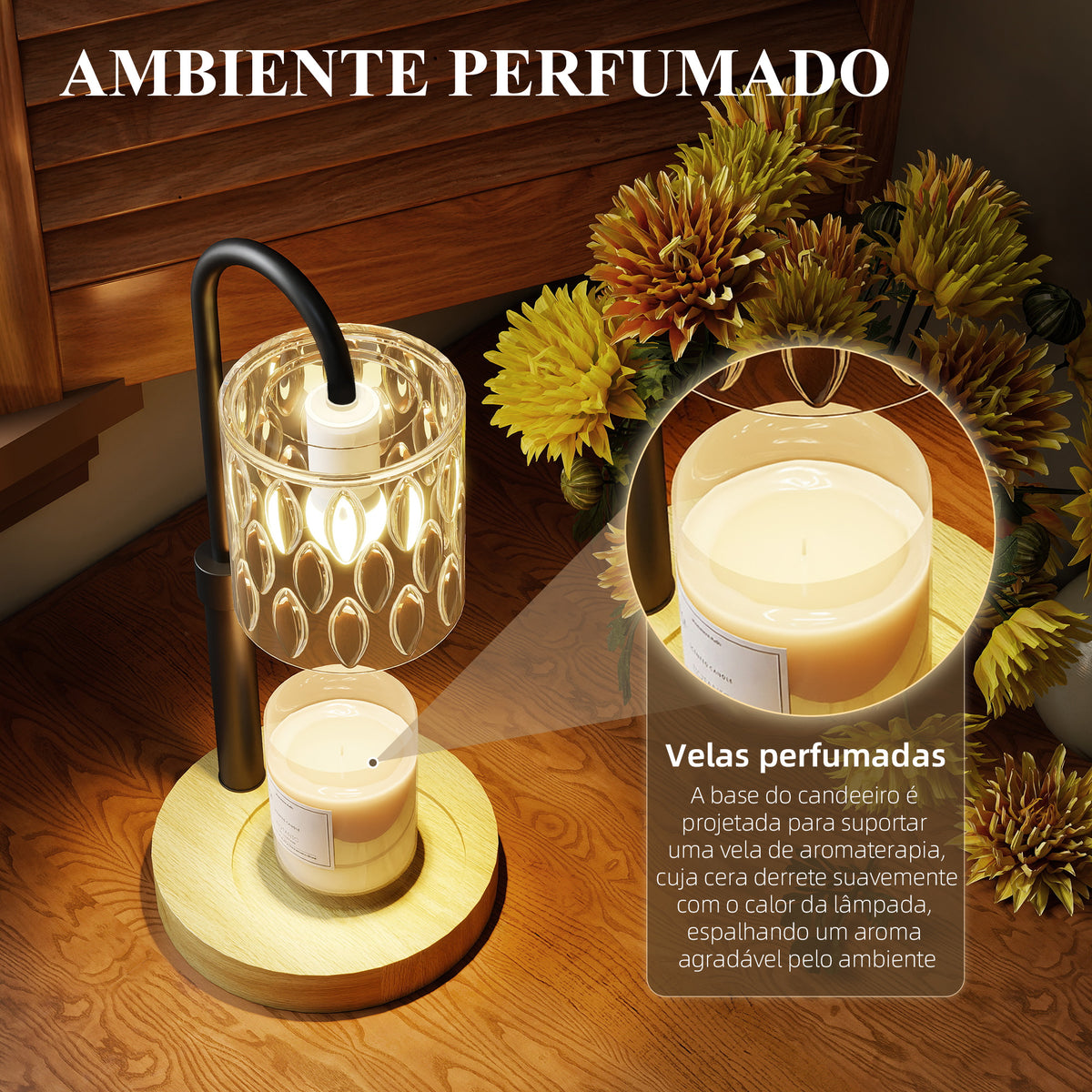 Candeeiro de Mesa Candeeiro Aquecedor de Vela com Base de Madeira Ecrã de Vidro Candeeiro de Mesa para Dormitório Sala de Estar Escritório Ø15x32,5 cm Multicor — foto 5