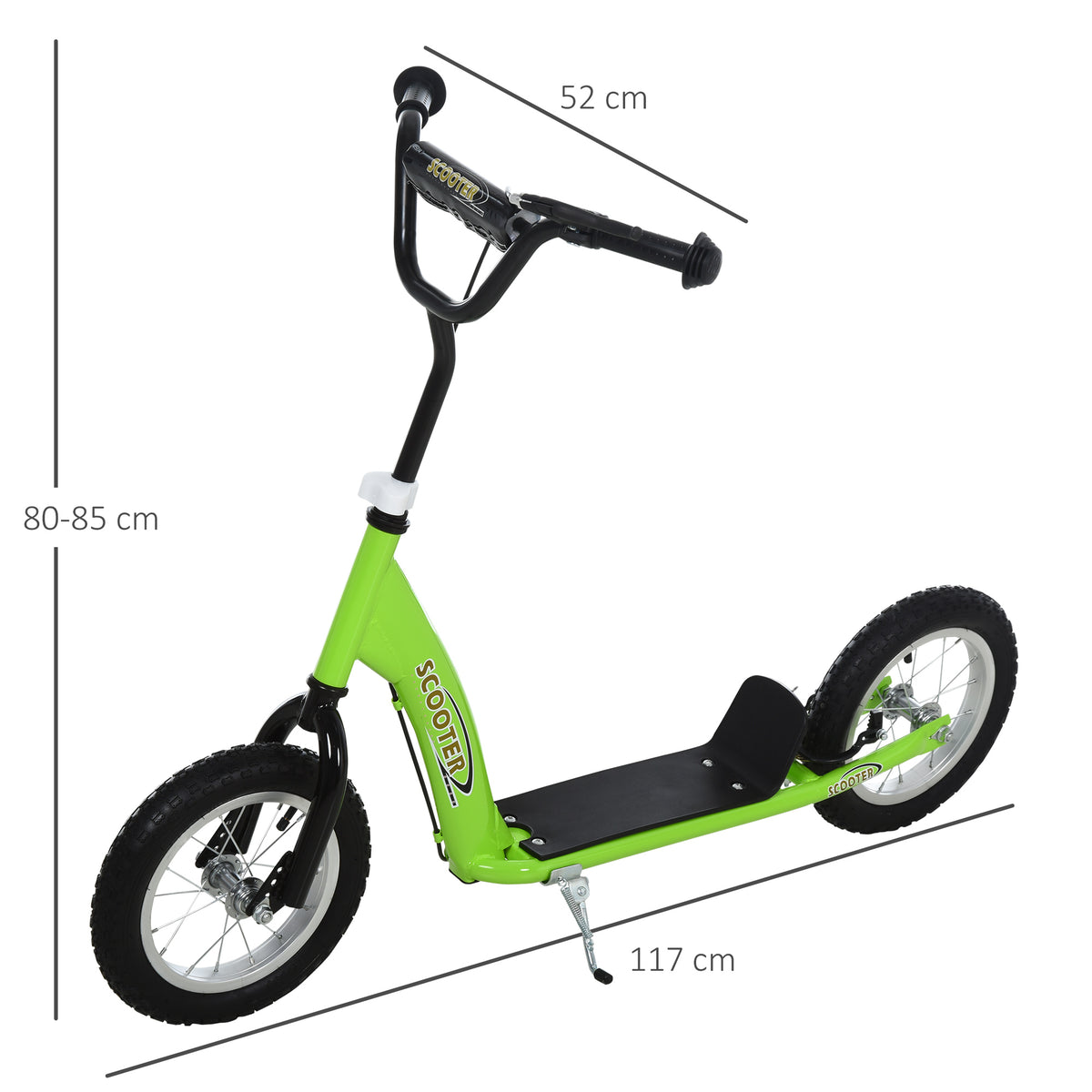Trotinete para crianças acima de 5 anos Scooter 2 Pneus de borracha inflável com freios Guiador ajustável Plataforma antiderrapante 117x52x80-85cm Verde — foto 3
