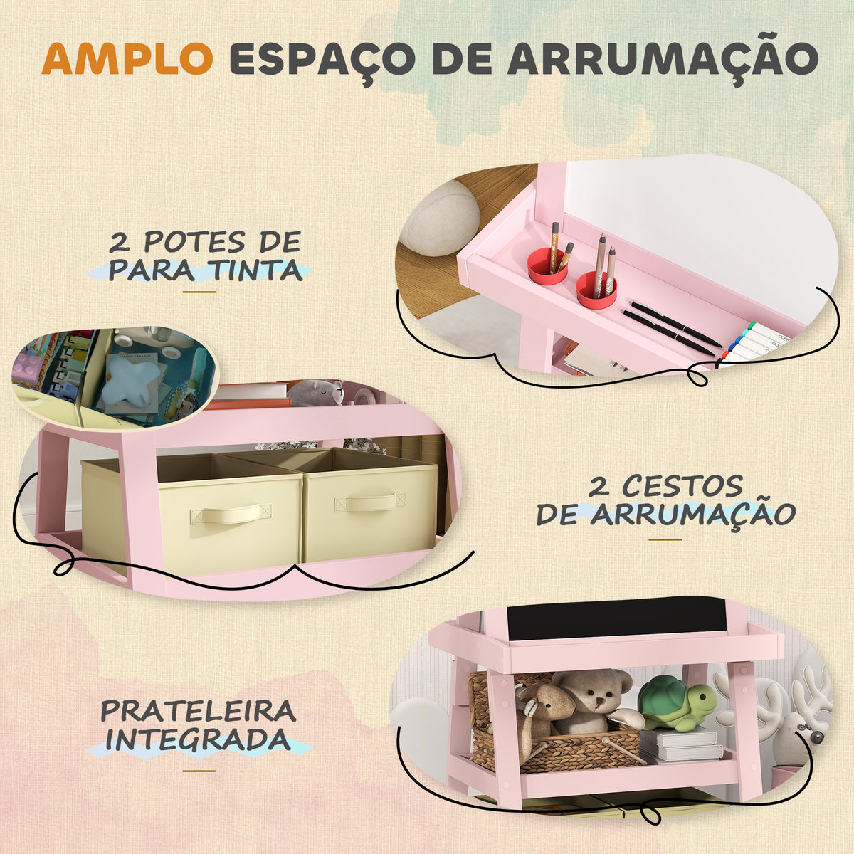 Quadro infantil Cavalete de Pintura Infantil 3 em 1 Quadro Magnético Dupla Face com Rolo de Papel e Cestos de Arrumação Rosa — foto 5