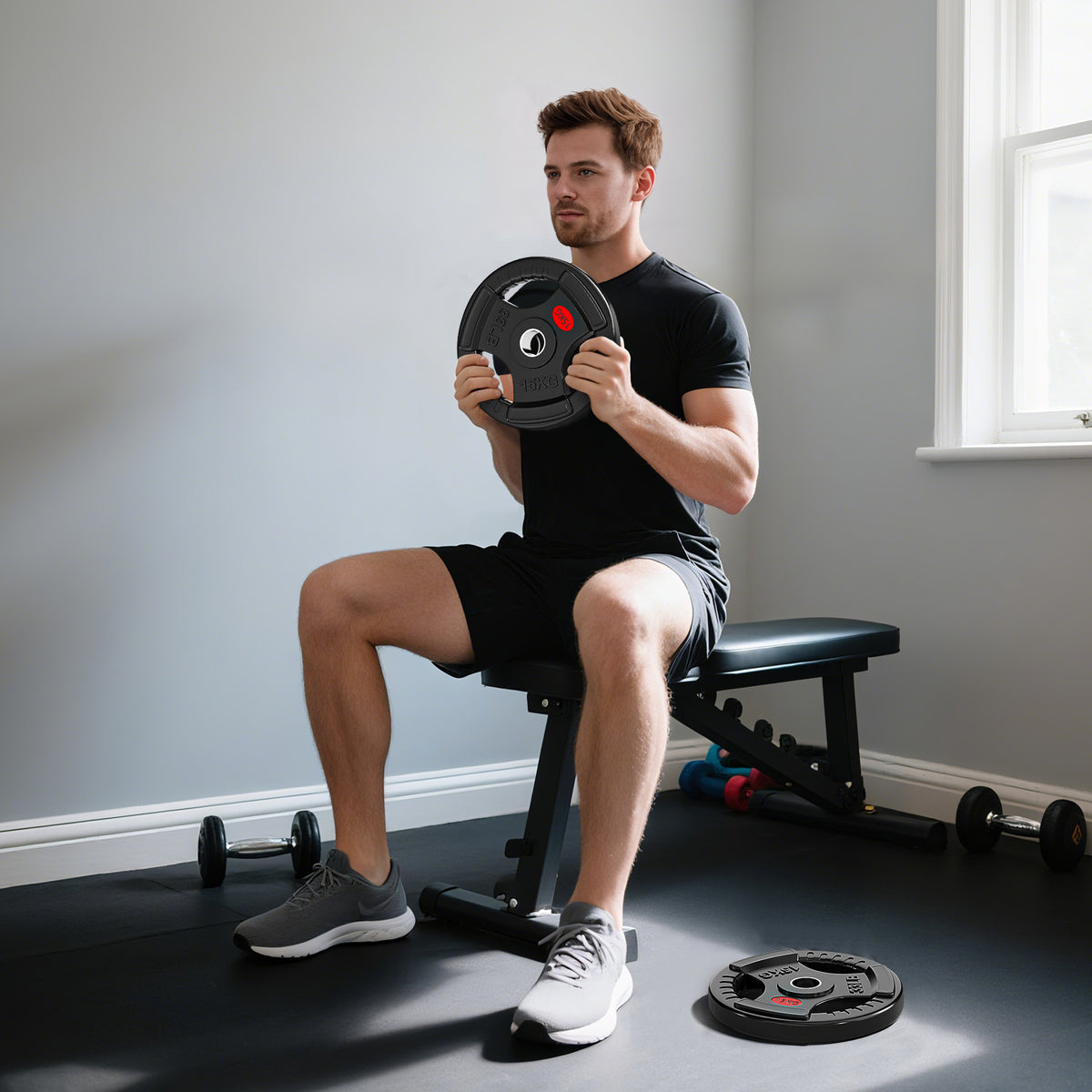 Discos de Pesos com Orifício de Ø50 mm 2 Discos de 15 kg com Anel Interior de Aço e Triplo Aperto para Halteres e Barras Treino Fitness em Casa Ginásio Ø34x5 cm Preto — foto 2
