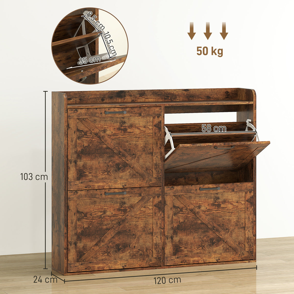 Sapateira de 4 Portas Móvel Sapateira Estreita com Prateleiras Ajustáveis Estilo Industrial para 24 Pares de Sapatos Móvel Auxiliar para Entrada 120x24x103 cm Castanho Rústico — foto 3