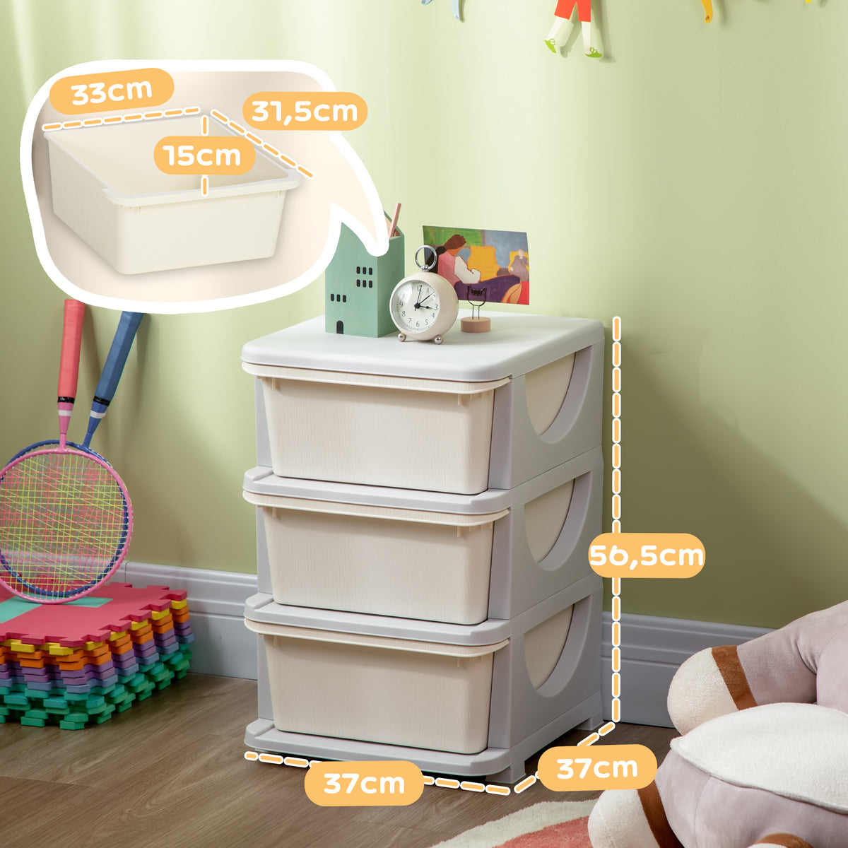 Organizador de Brinquedos para Crianças acima de 3 Anos com 3 Gavetas Arrumação para Brinquedos Roupas Livros 37x37x56,5 cm Bege — foto 3