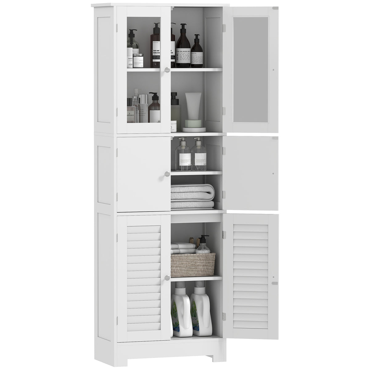 Coluna de Casa de Banho Móvel Auxiliar para Casa de Banho com 6 Portas Prateleiras Ajustáveis Anti-tombo Armário de Casa de Banho Moderno 60x30x170,5 cm Branco — foto 1