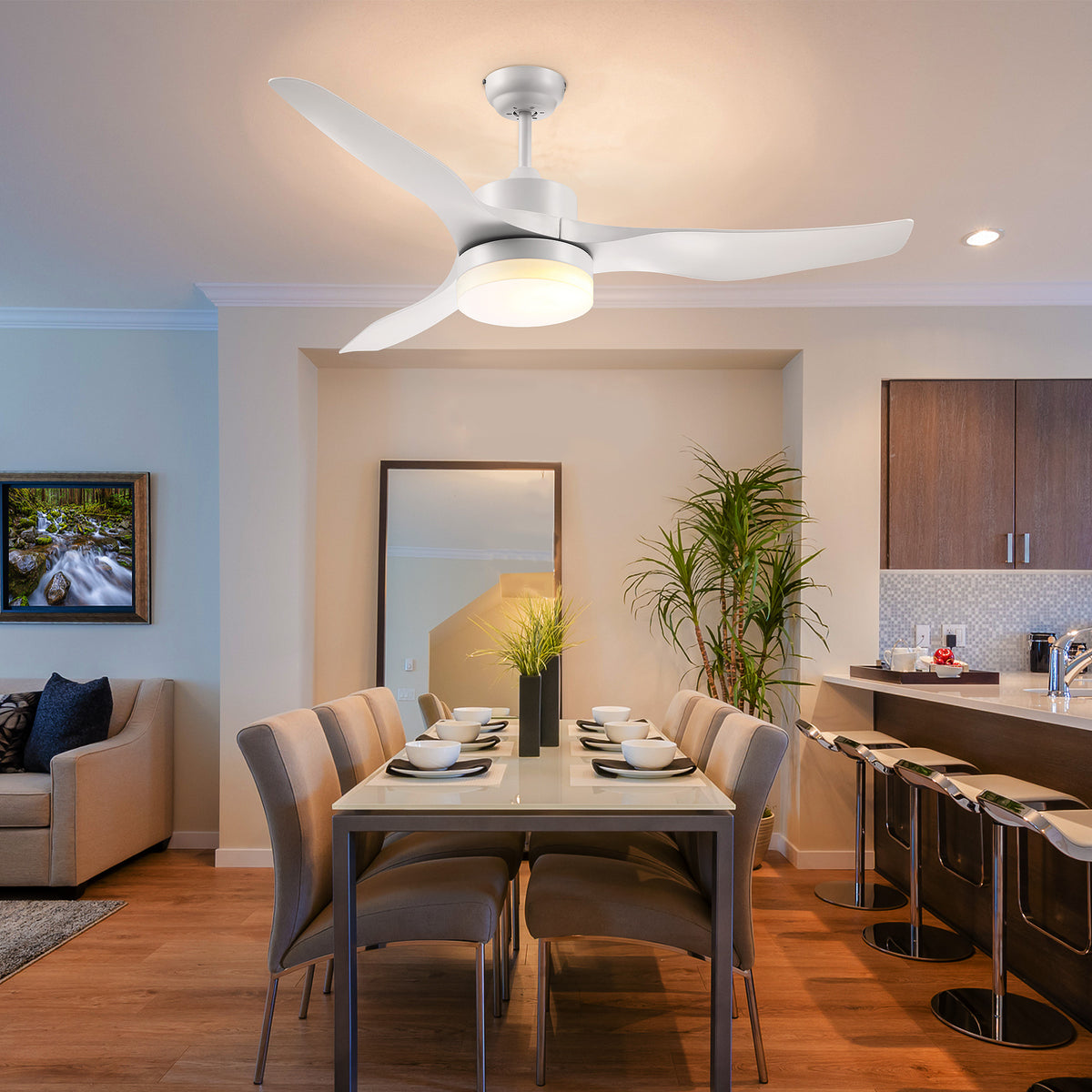 Ventoinha de Teto 20,5W Diâmetro 132cm com Controle Remoto Luz LED Ajustável em 3 Níveis 3 Lâminas Reversíveis 6 Velocidades e Temporizador para Dormitório Sala de Estar Branco — foto 2