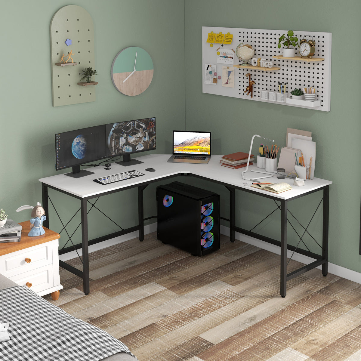Secretária em Forma de L Secretária para Escritório com Estrutura de Metal Carga 70 kg Secretária de Canto para Escritório Estúdio 150x150x76 cm Branco e Preto — foto 2