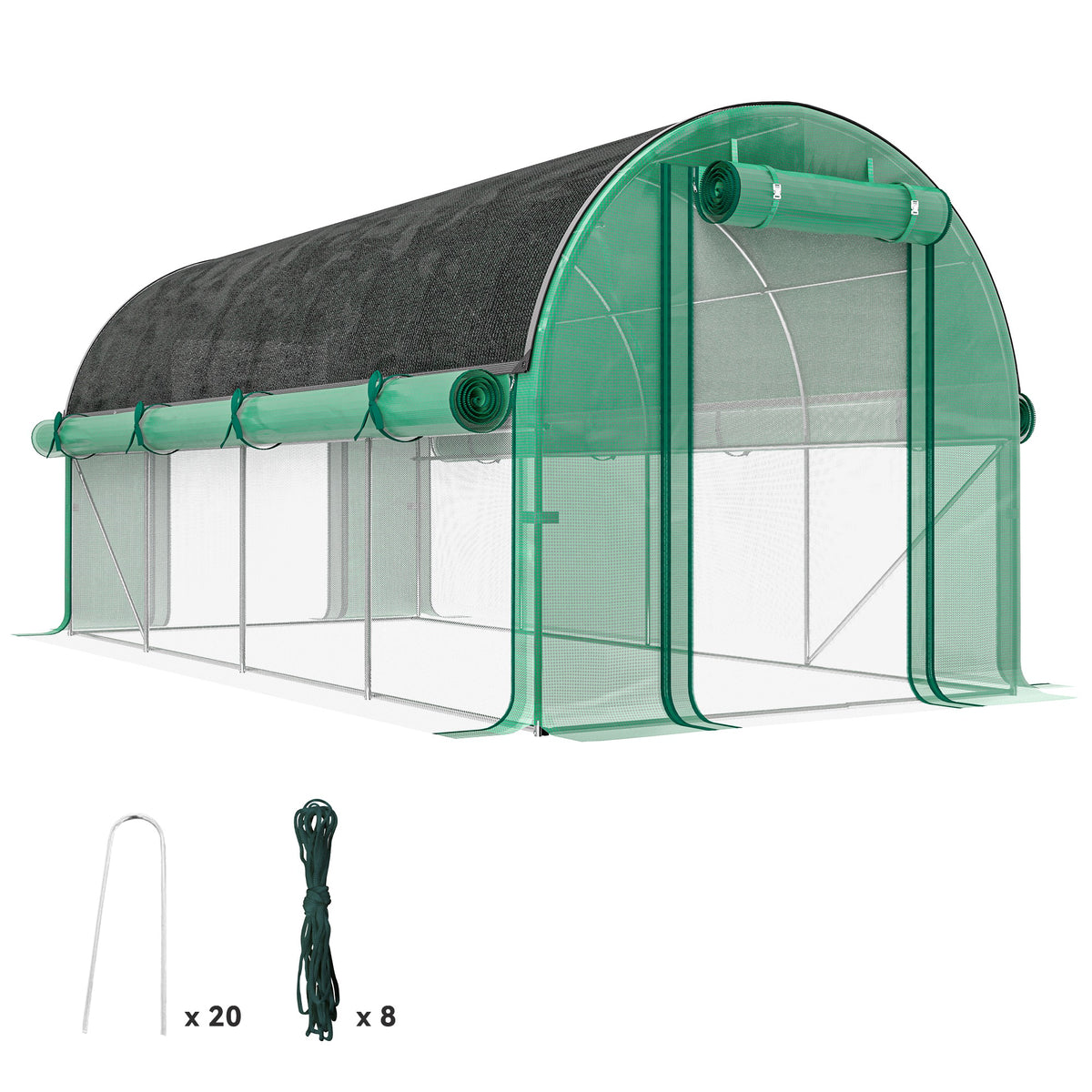 Estufa Tipo Túnel 447x200x198 cm Estufa de Exterior com Paredes Laterais Enroláveis Cobertura Extra 8 Janelas de Malha e 2 Portas Enroláveis Estufa de Jardim Pátio Verde — foto 1