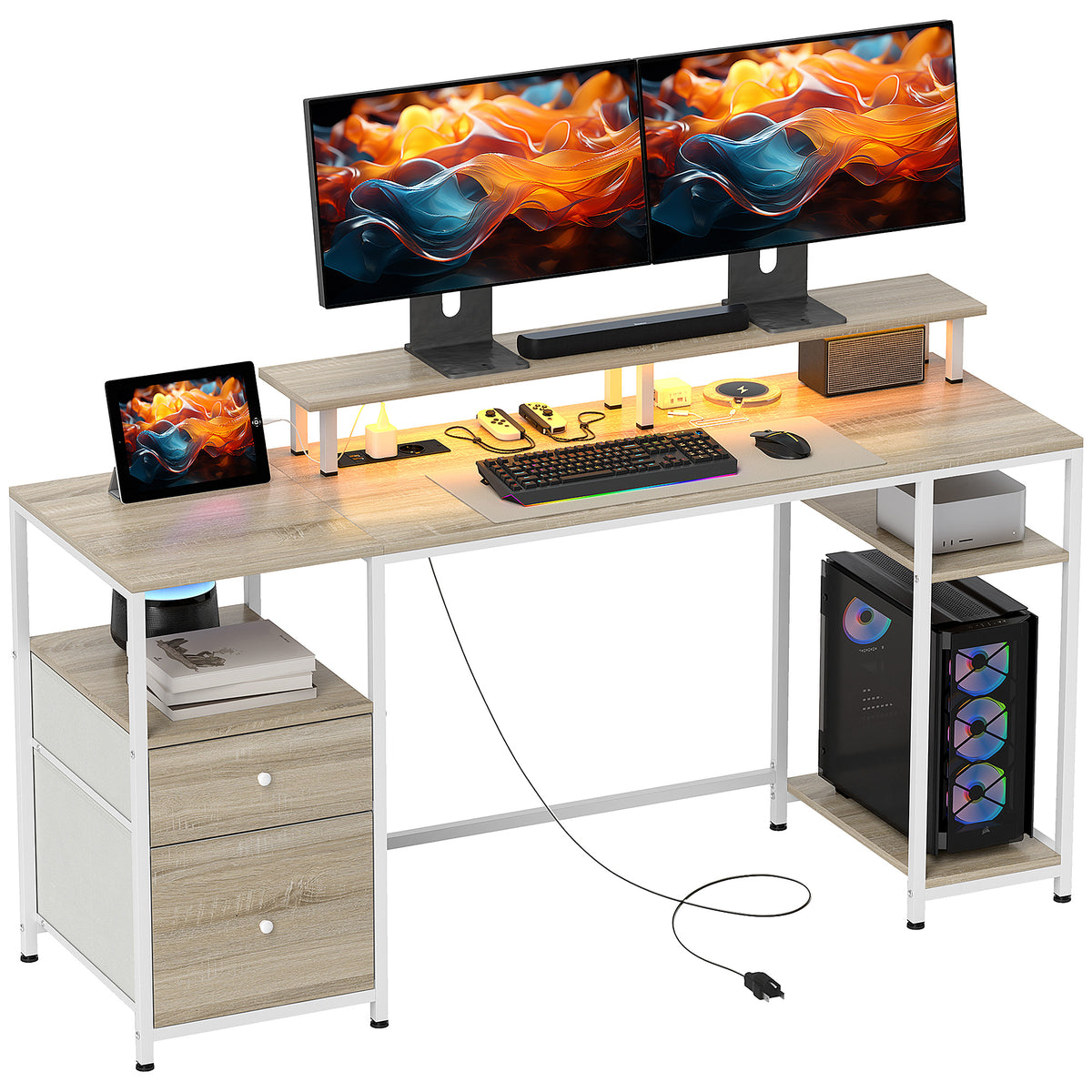 Mesa para Computador Secretária com Luzes LED Prateleiras Gavetas Plug Entrada USB e Suporte para Monitor para Escritório Estúdio 155,5x48x75,5 cm Madeira — foto 1