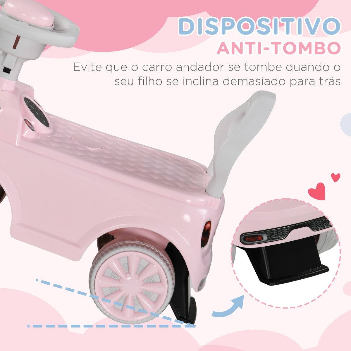 Carro Andador para Bebés de 18-36 Meses Carro Andador com Volante Buzina e Sistema Anti-Tombo Carga 25 kg 53x25x35 cm Rosa — foto 4