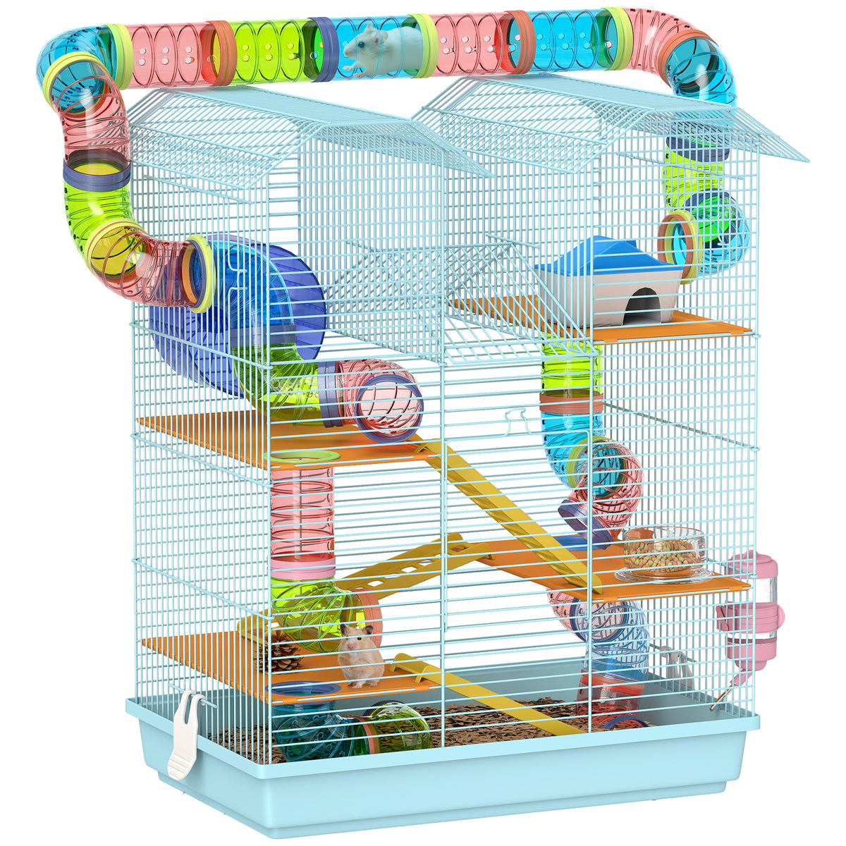 Gaiola para Hamster Casa para Animais Pequenos de Múltiplos Níveis com Sistema de Tubos 4 Plataformas Comedouro Bebedouro Casinha Roda de Exercício Escadas e Bandeja 47x30x59 cm Azul Claro — foto 1