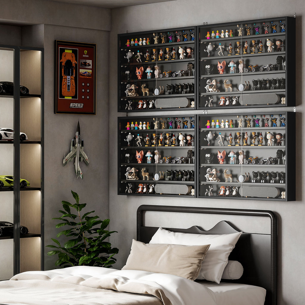 Vitrine de Parede de Madeira com Prateleiras Ajustáveis e 2 Portas Corredeiras de Vidro para Coleções Perfumes Bonecos de Decoração 80x9,5x60cm Preto - Modelo 1 — foto 2