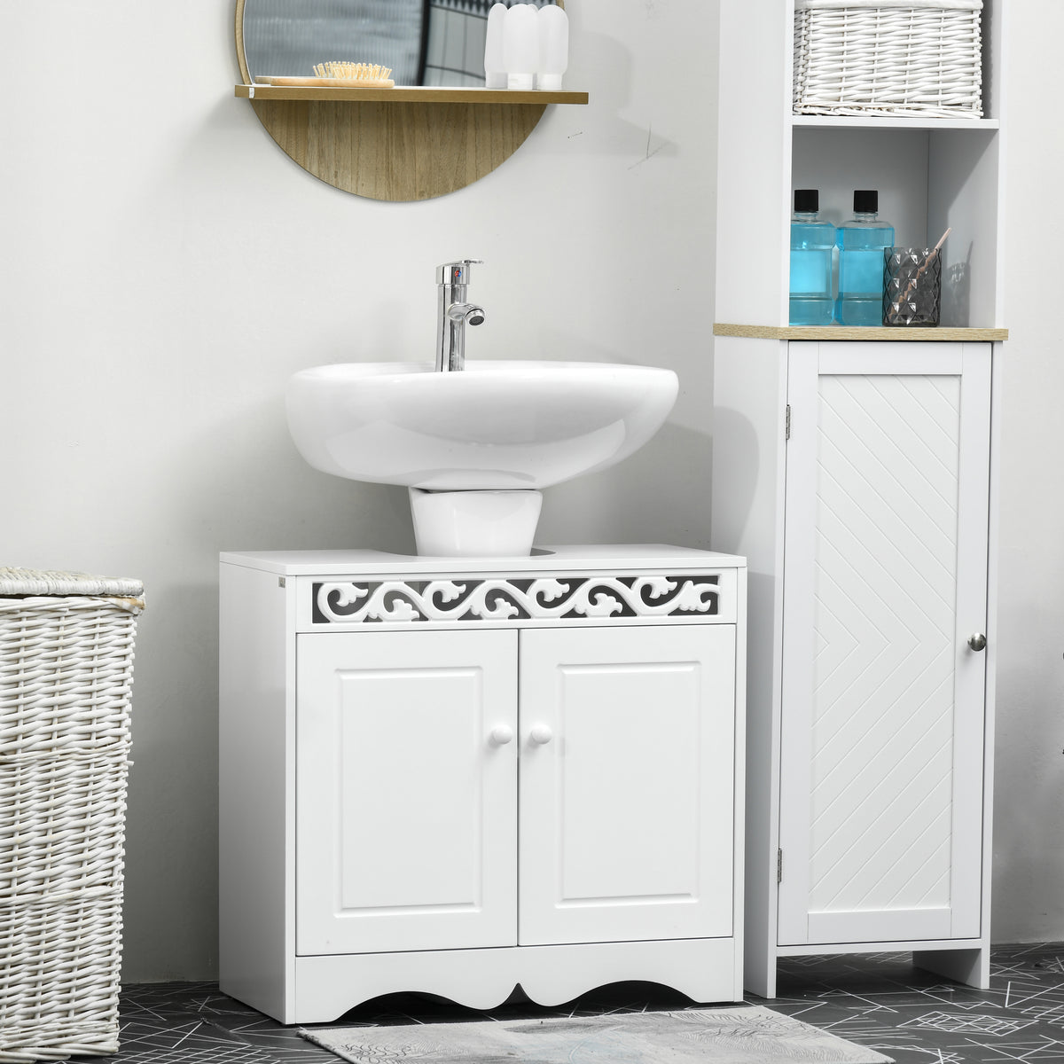 Armário de Banheiro tipo Base para Lavatório com 2 Portas e Prateleiras Design Moderno de Madeira Branco 60x30x56cm — foto 2