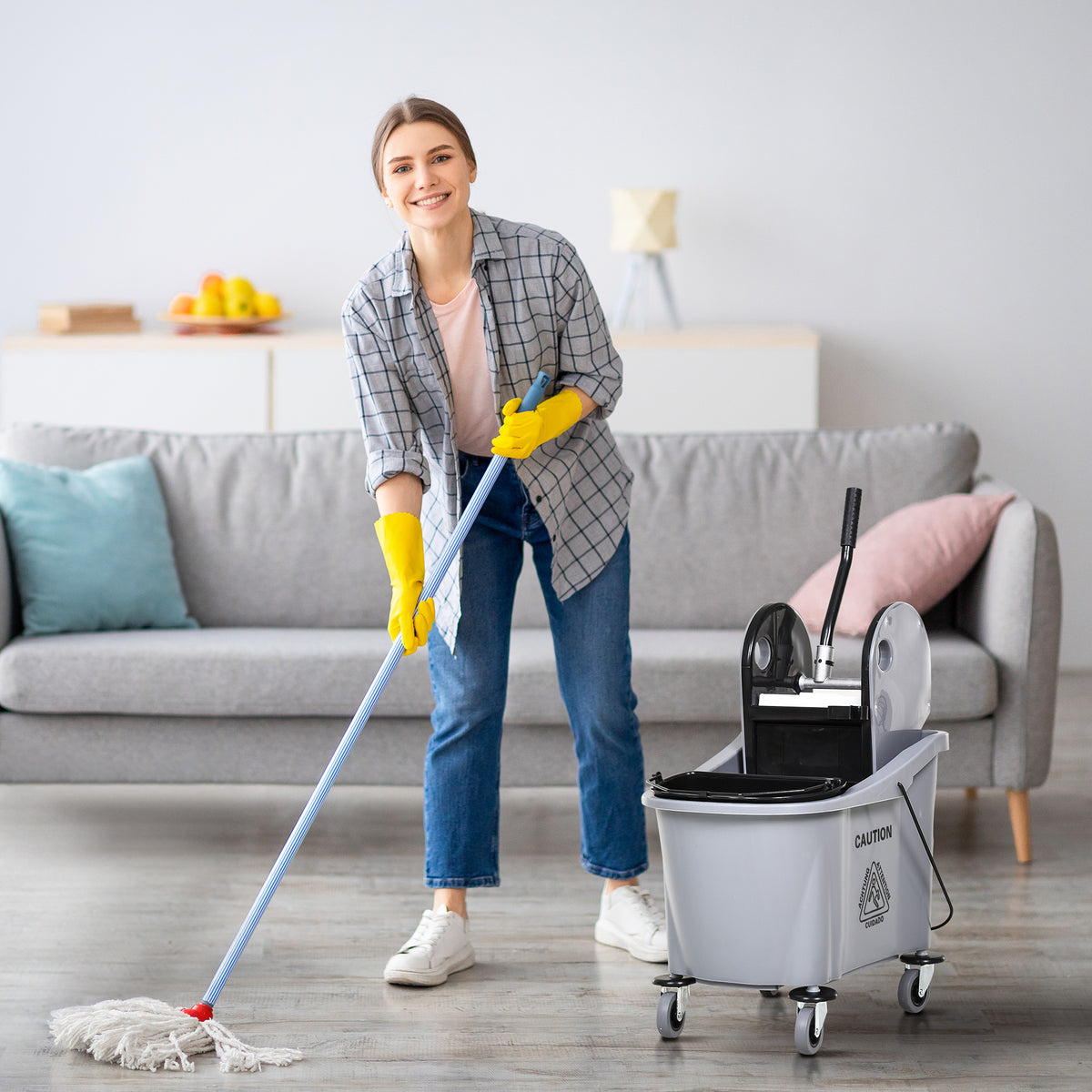 Balde de Esfregona Comercial Balde de Esfregona com Espremedor de Pressão para Baixo Capacidade 36L com 4 Rodas Silenciosas 2 Cubetas Separadas 54x41x91,5 cm Cinza — foto 2