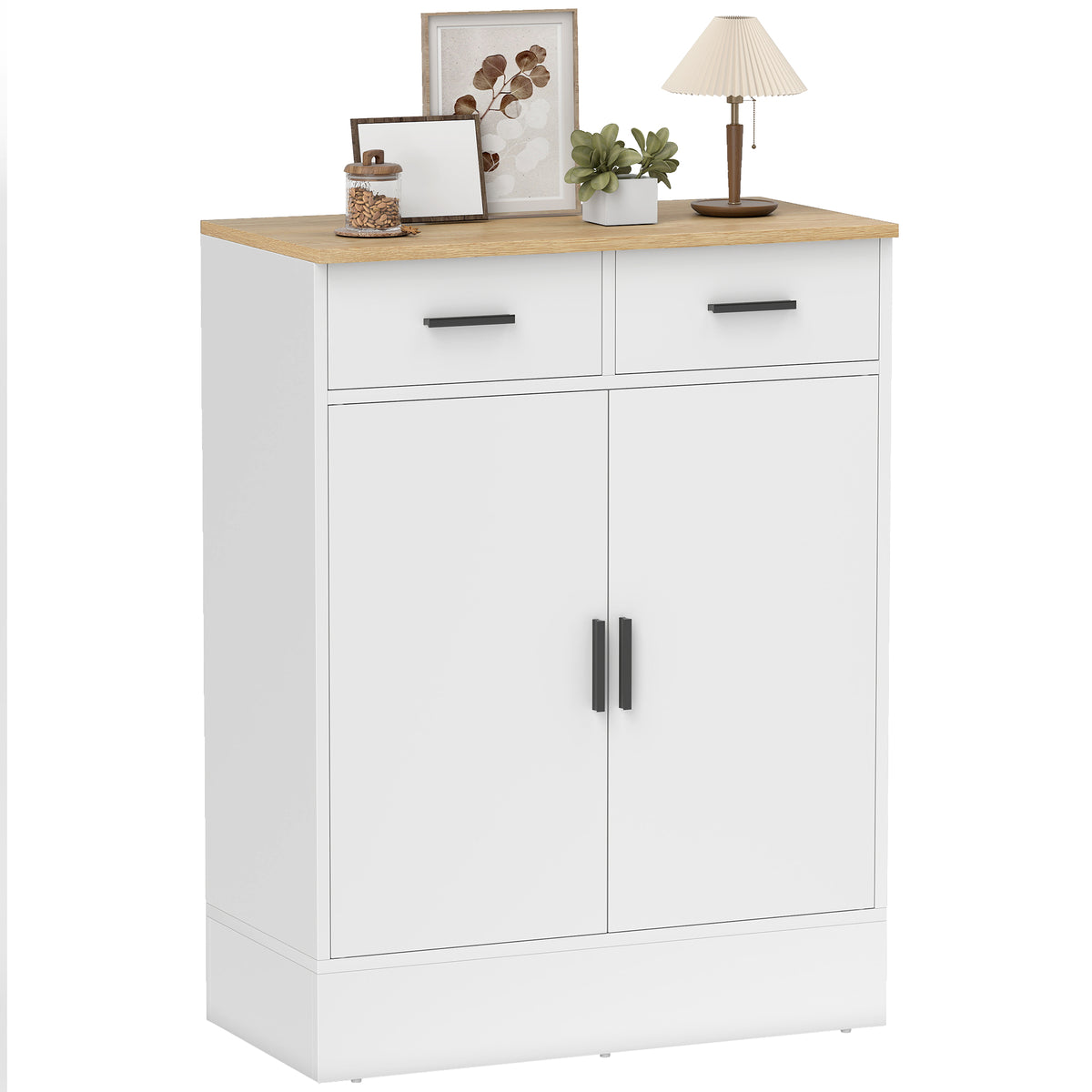 Aparador de 2 Portas Aparador de Sala de Estar com 2 Gavetas e Prateleiras Ajustáveis para Cozinha Entrada Quarto 68,6x35x90,3 cm Branco e Madeira — foto 1