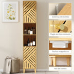 Coluna de Casa de Banho Estreita Armário de Casa de Banho Alto com Portas e Pés de Bambu Prateleiras Ajustáveis Compartimento Aberto 32x30x170 cm Madeira — foto 7