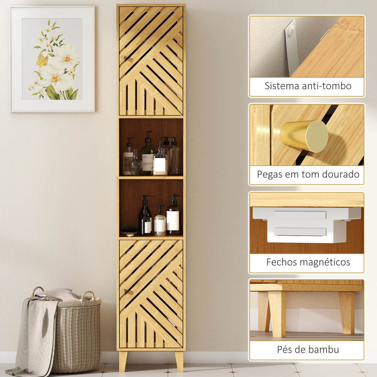 Coluna de Casa de Banho Estreita Armário de Casa de Banho Alto com Portas e Pés de Bambu Prateleiras Ajustáveis Compartimento Aberto 32x30x170 cm Madeira — foto 7
