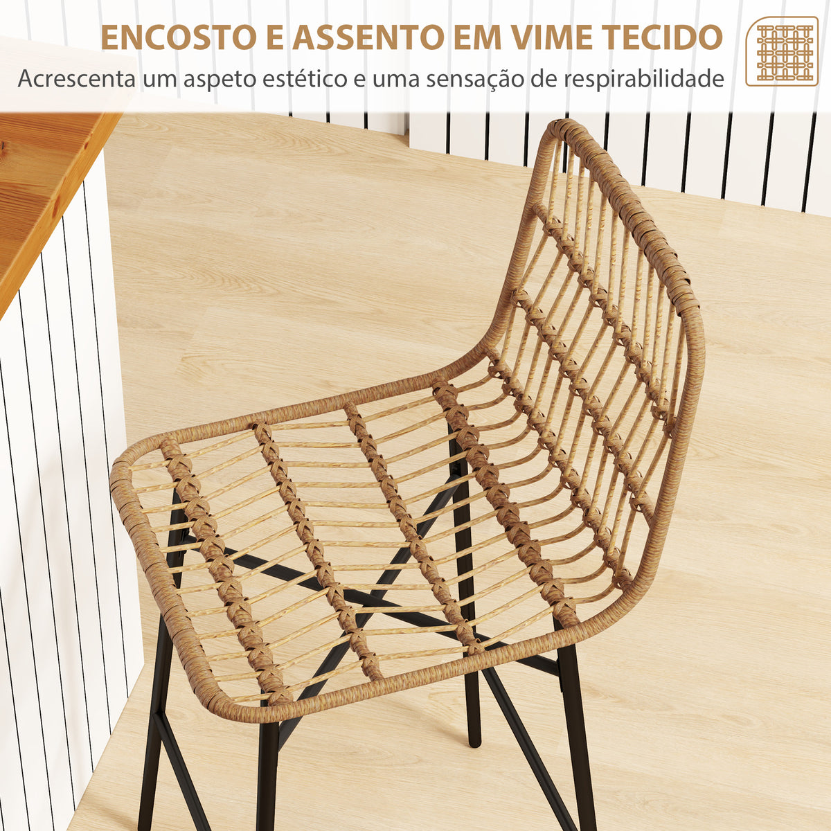 Conjunto de 2 Bancos Altos de Cozinha Bancos de Bar com Encosto e Assento em Vime Sintético Carga 120 kg Bancos de Bar Modernos para Cozinha Sala de Jantar 43x56x101 cm Marrom Claro — foto 4