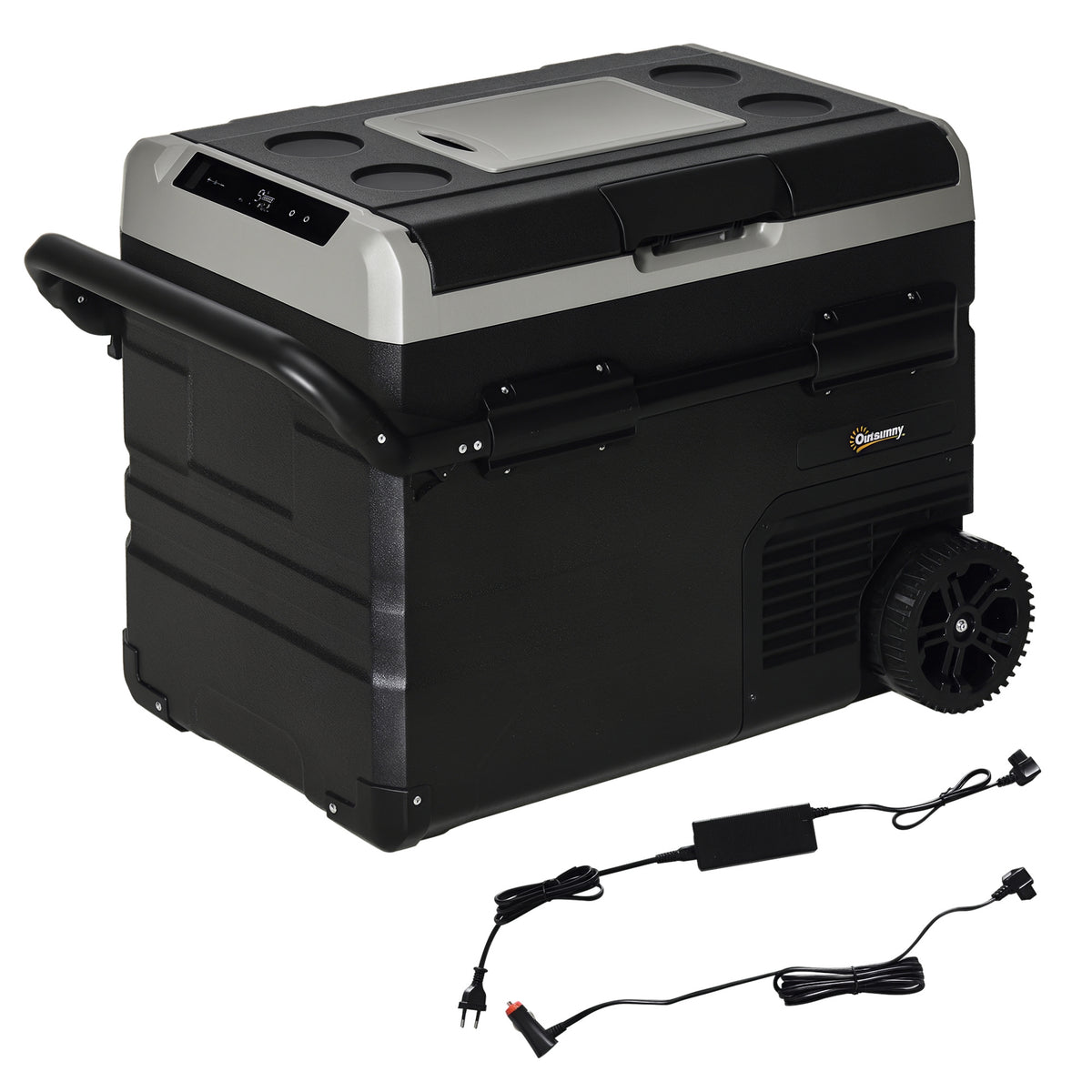 Geleira de Compressor Portátil 60L Geleira de Carro CC 12V/24V até -20℃ com Ecrã LED Tátil Alça Retrátil e Rodas 71,1x46x57,1 cm Preto — foto 1