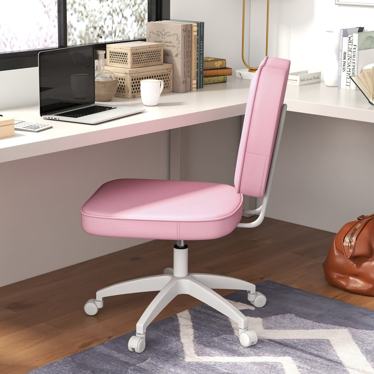 Cadeira de Escritório Estofada em PU Cadeira de Escritório Giratória com Altura Ajustável Sem Braços Carga 120 kg Cadeira de Estudo Dormitório 46x59x82-92 cm Rosa — foto 2