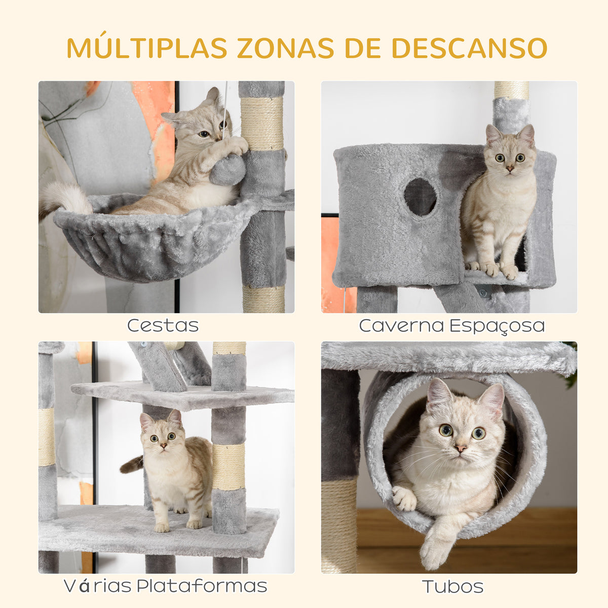 Arranhador para Gatos do Chão ao Teto de 240-260 cm Arranhador para Gatos com Altura Ajustável Múltiplas Plataformas Caverna e Rampas Cinza — foto 5