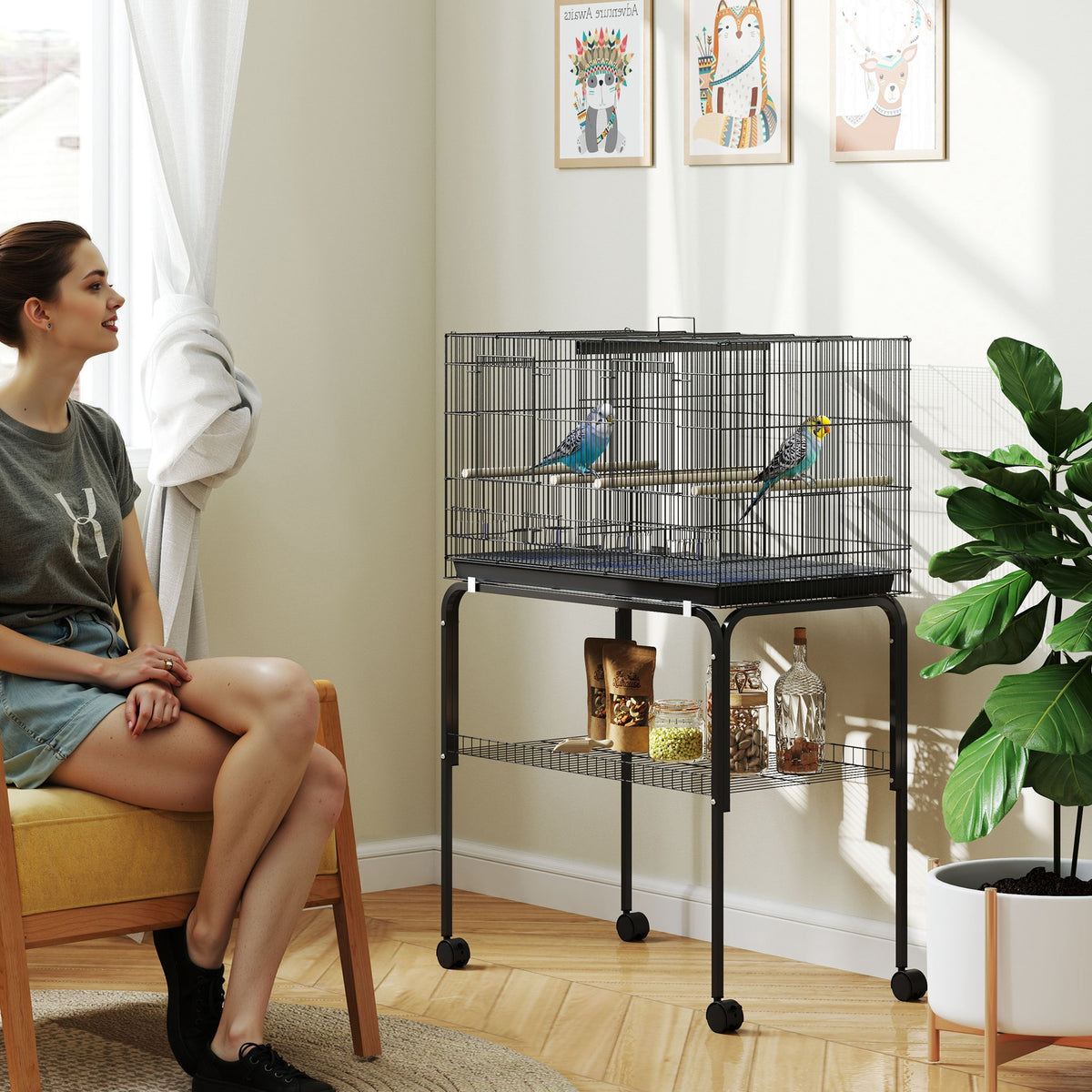 Gaiola para Pássaros com Divisória Gaiola com Rodas para Aves Papagaios Canários Gaiola para Aves com Comedouros Poleiros e Bandeja Removível, 76x46x116 cm Preto — foto 2