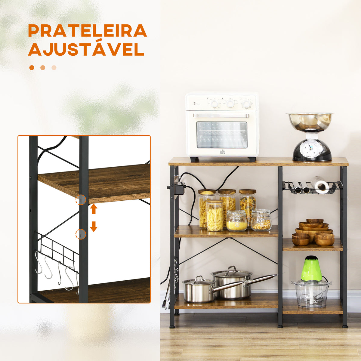 Estante de Cozinha Estilo Industrial Estante de Cozinha com Tomada Elétrica Prateleiras Ajustáveis Ganchos e Cesta Metálica 90x40x83 cm Marrom Rústico — foto 5