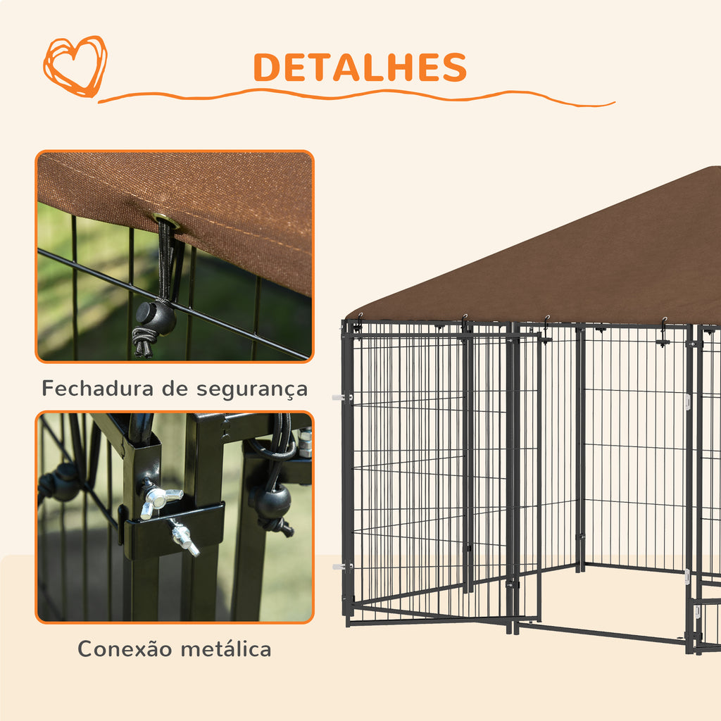Parque para Cães com Toldo Canil para Exterior com Suporte Giratório para Comida 2 Tigelas Incluídas 211x141x151 cm Preto e Marrom — foto 7